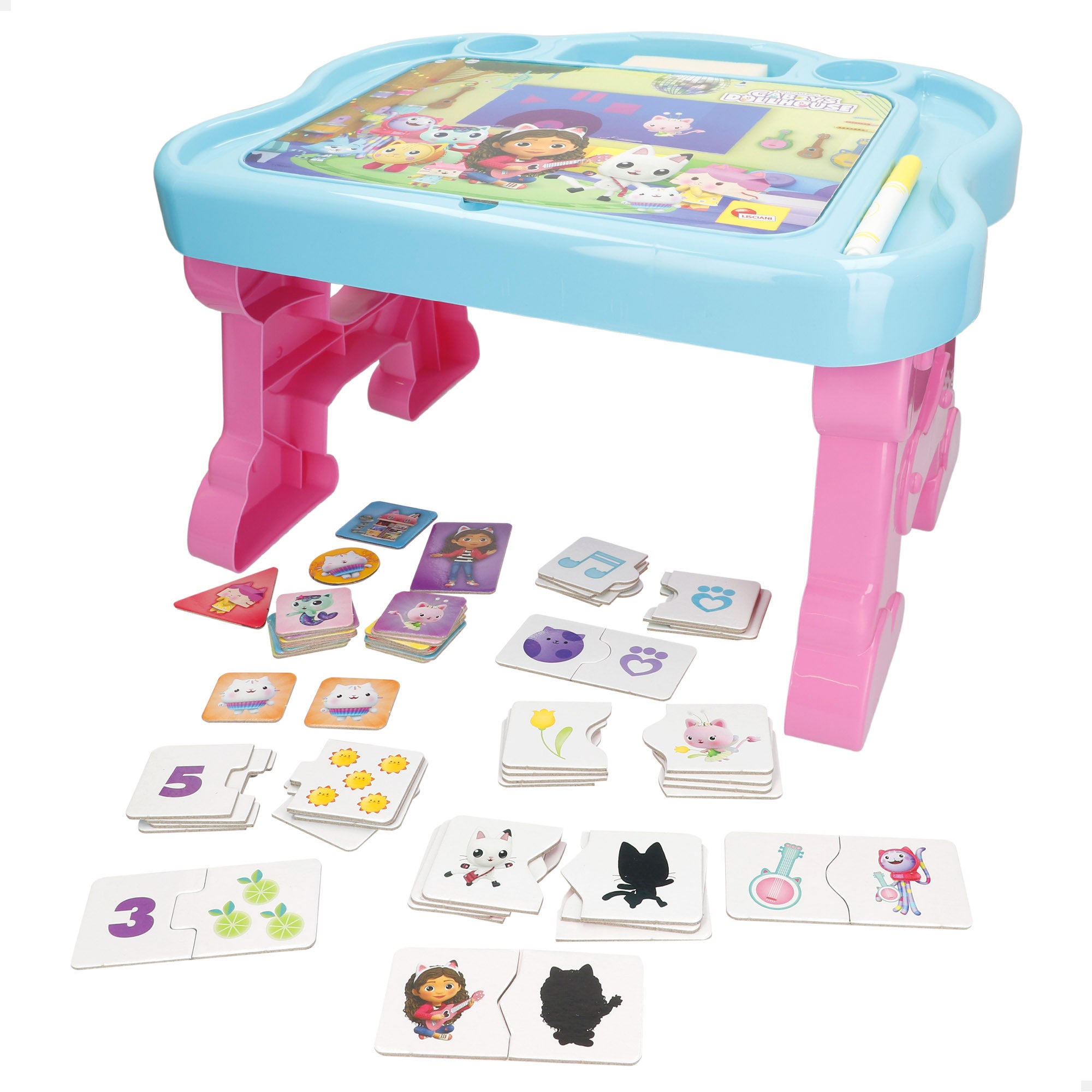 Mesa infantil para casa de bonecas da Gabby com quadro negro e jogos