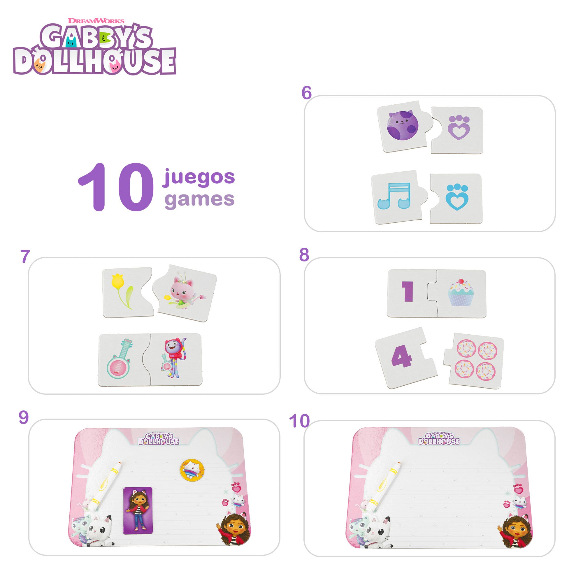 Mesa infantil para casa de bonecas da Gabby com quadro negro e jogos