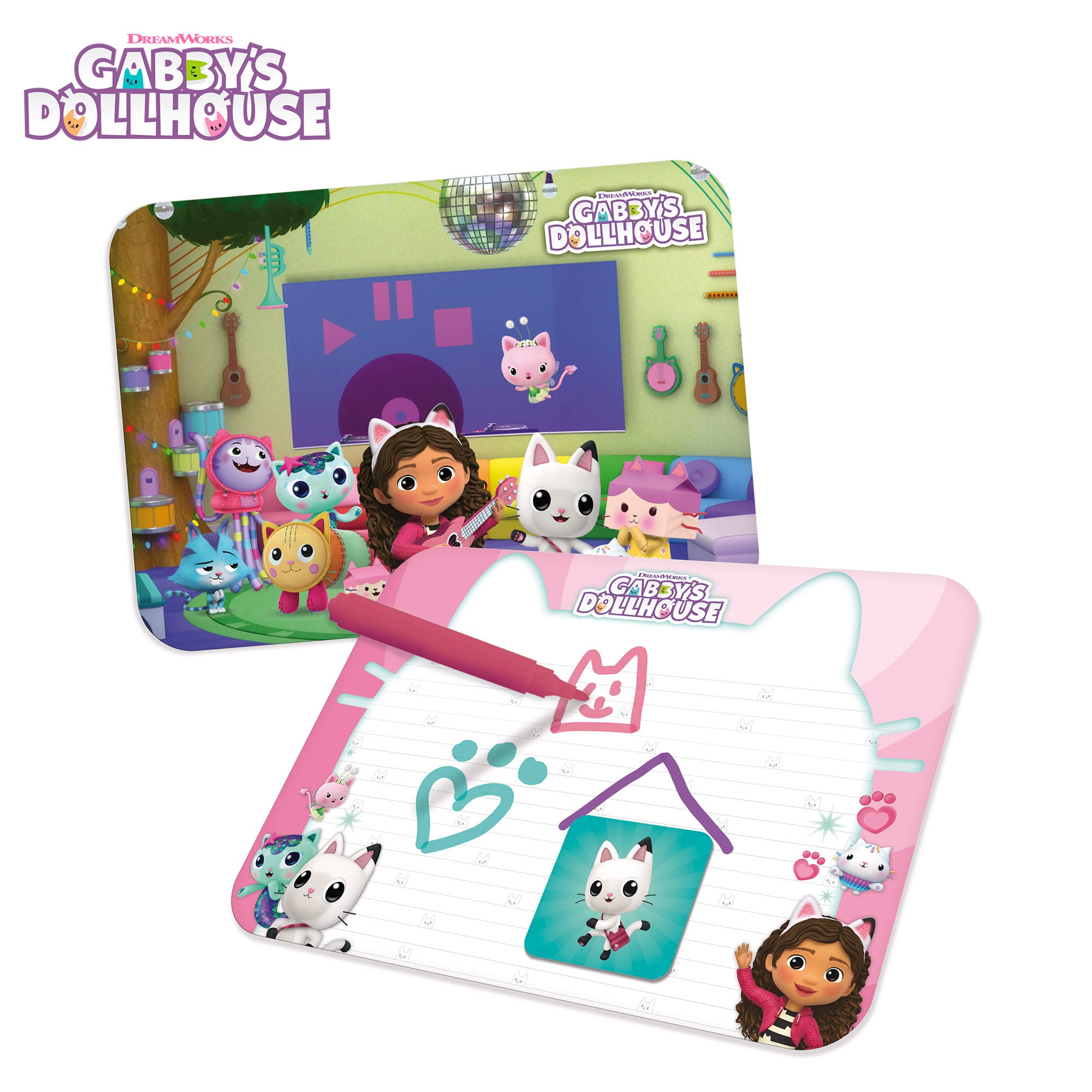 Mesa infantil para casa de bonecas da Gabby com quadro negro e jogos
