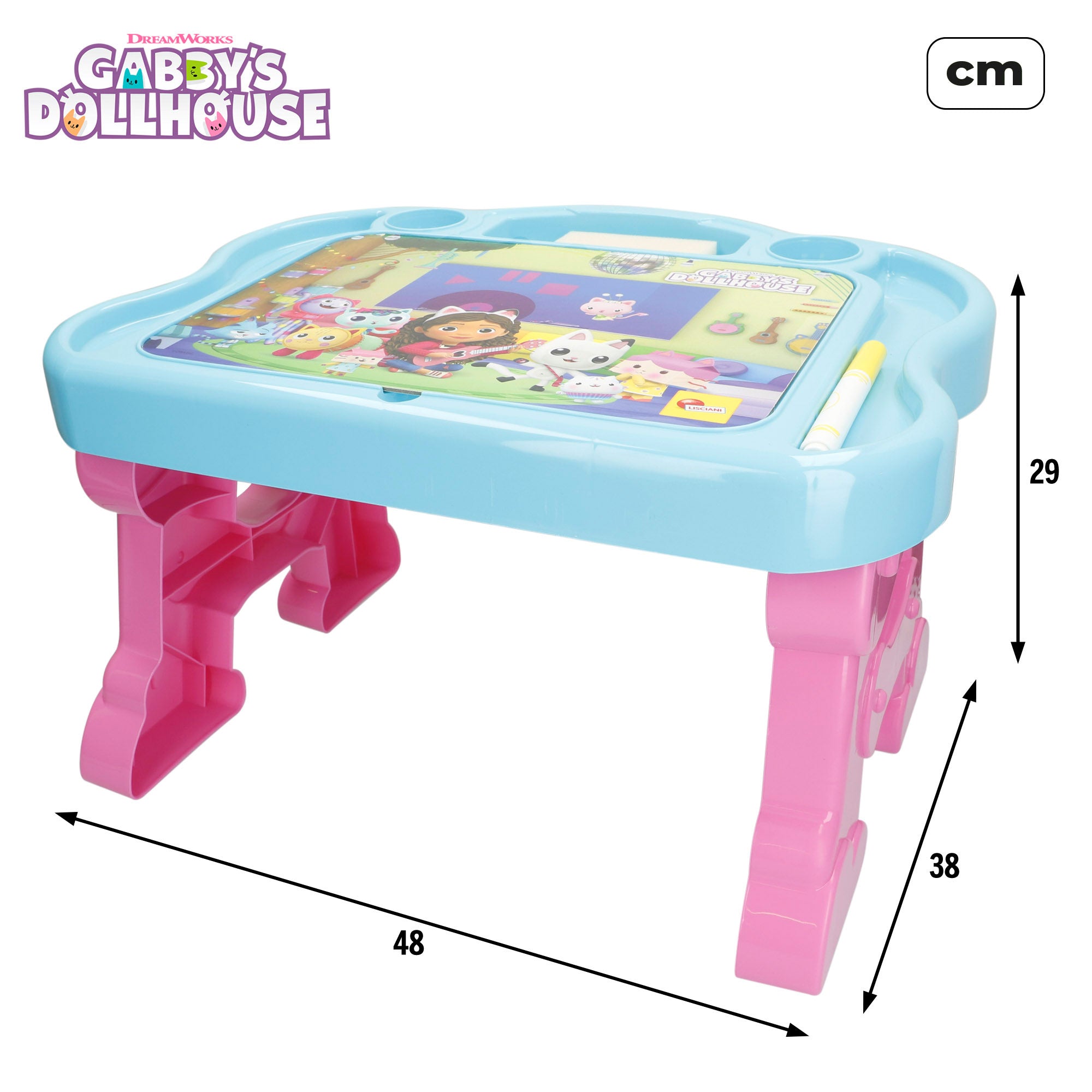 Mesa infantil para casa de bonecas da Gabby com quadro negro e jogos