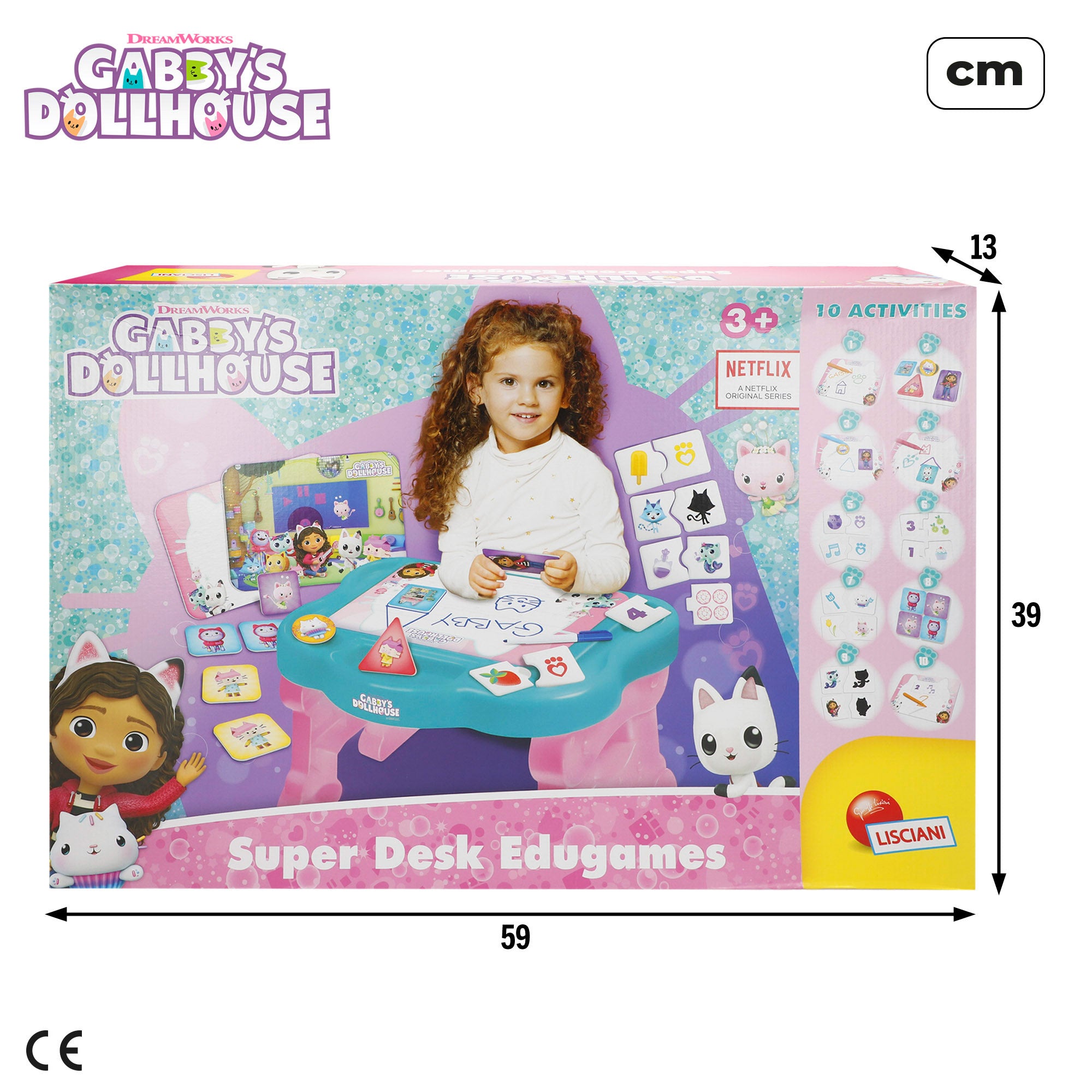 Mesa infantil para casa de bonecas da Gabby com quadro negro e jogos