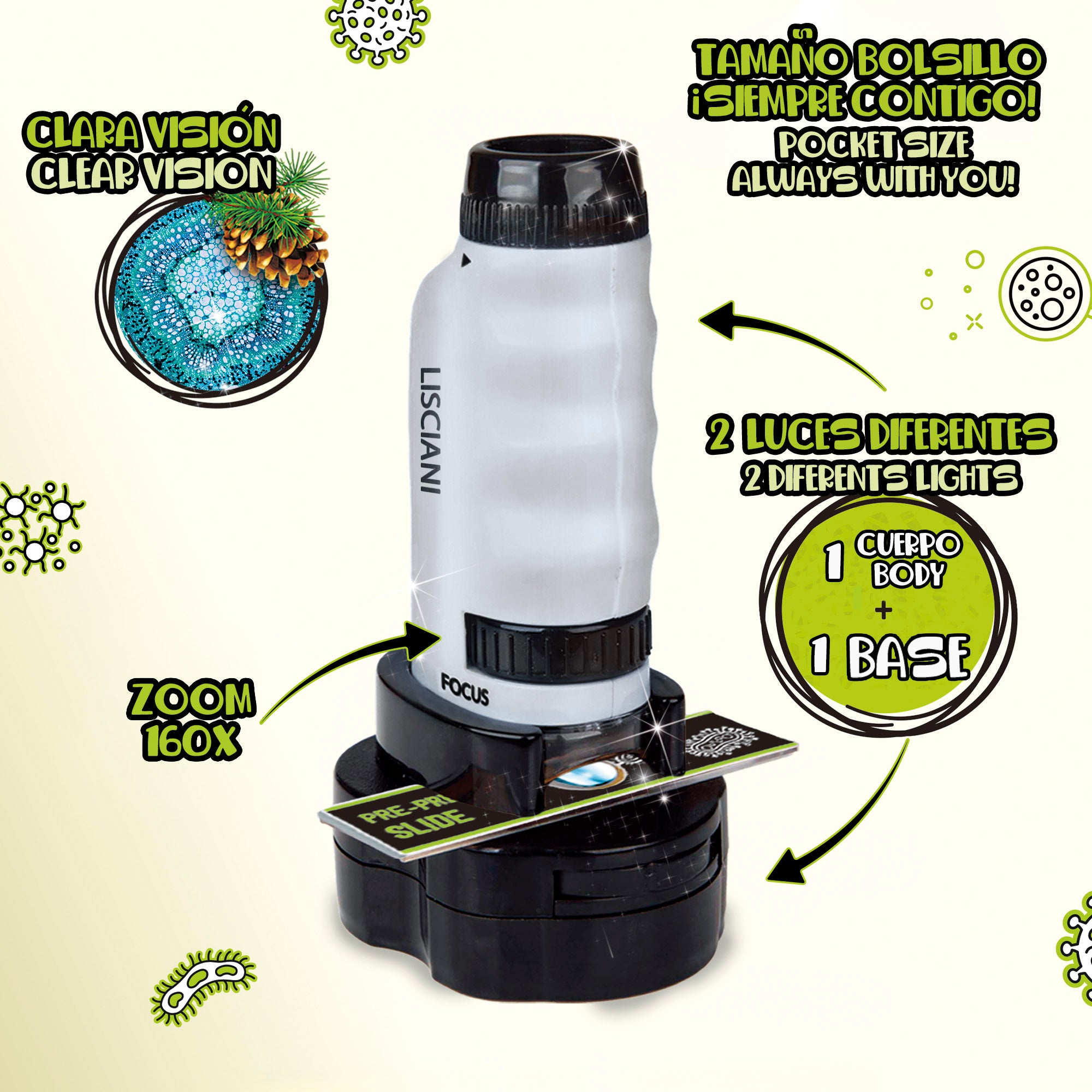 Microscópio portátil, pequeno e leve 2 em 1 Lisciani para crianças.