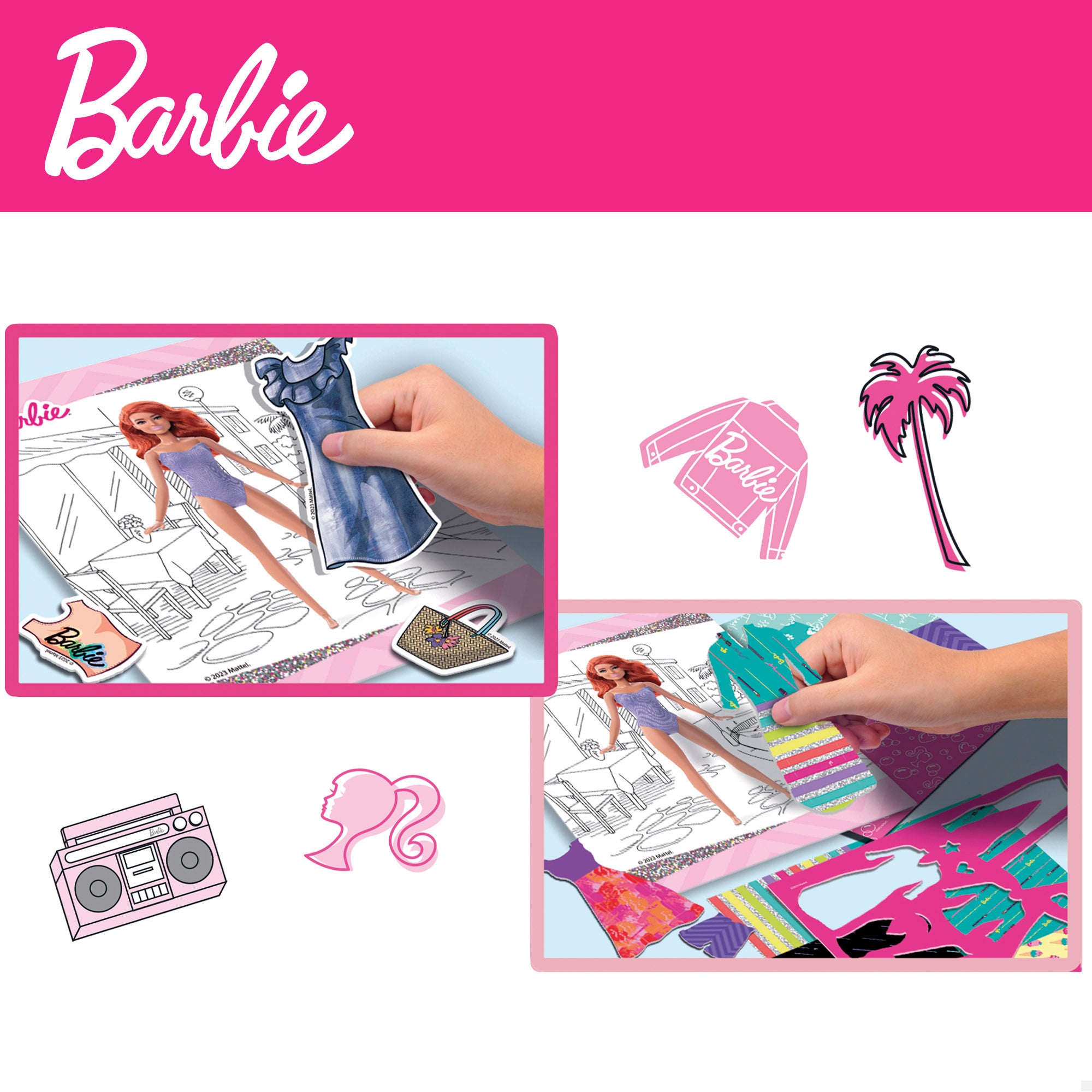 O Estúdio de Moda da Barbie cria designs, colas e cores.