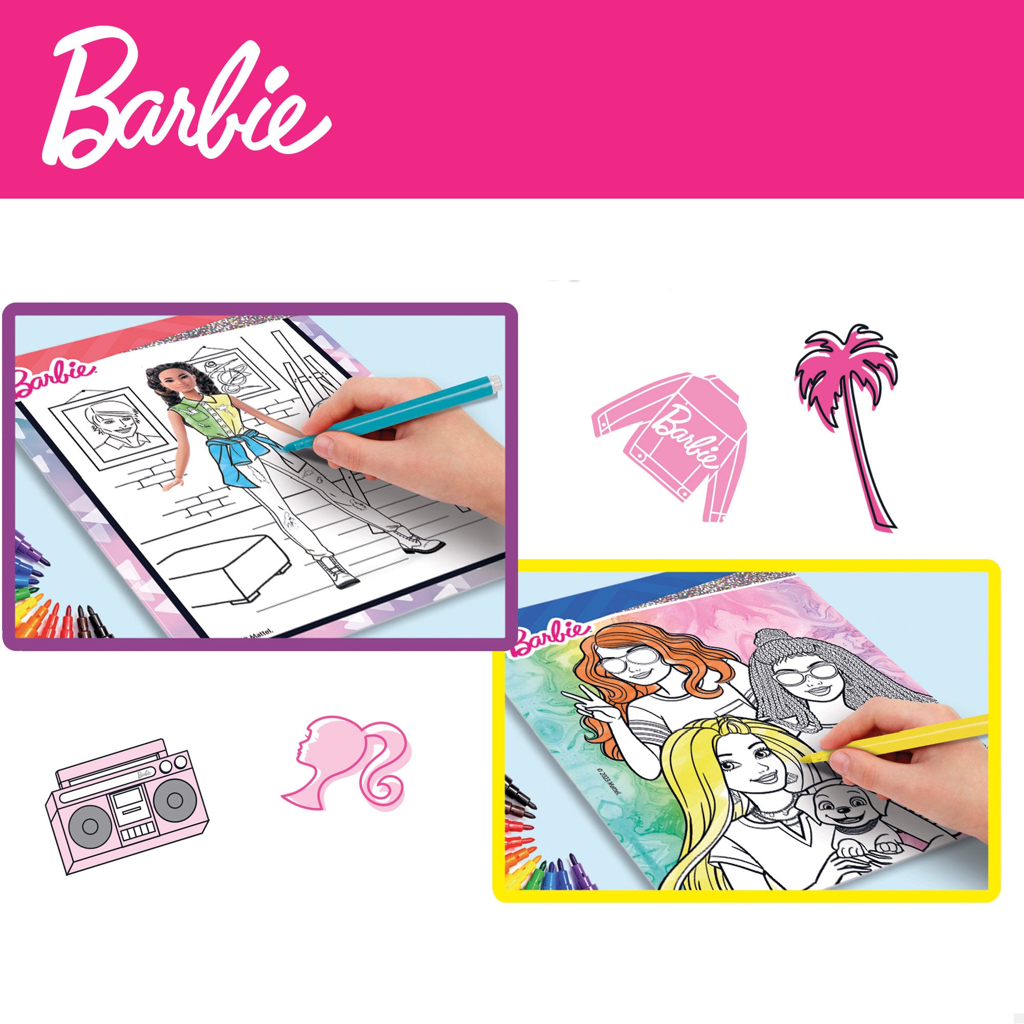 O Estúdio de Moda da Barbie cria designs, colas e cores.
