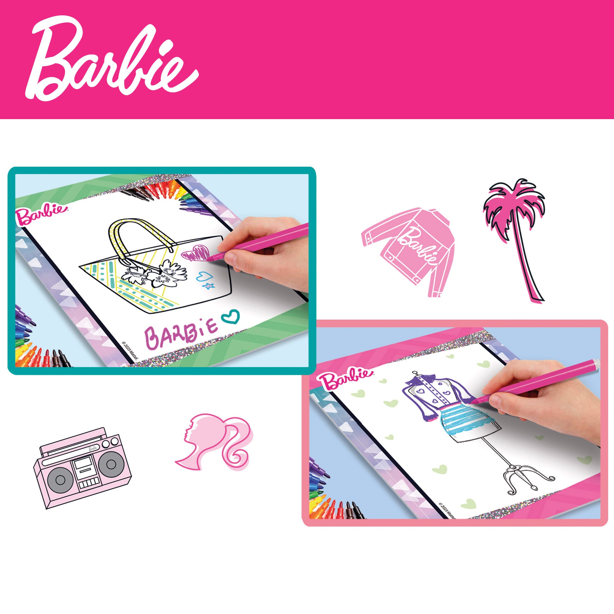 O Estúdio de Moda da Barbie cria designs, colas e cores.