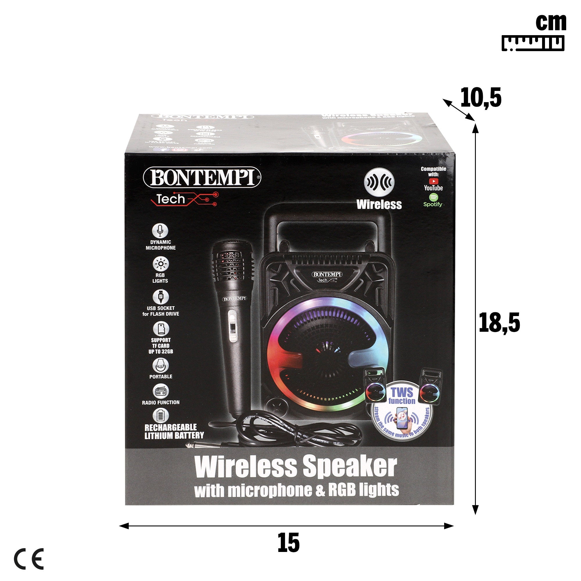 Mini coluna sem fios Bontempi com microfone e luzes 11,5 x 10 x 18 cm