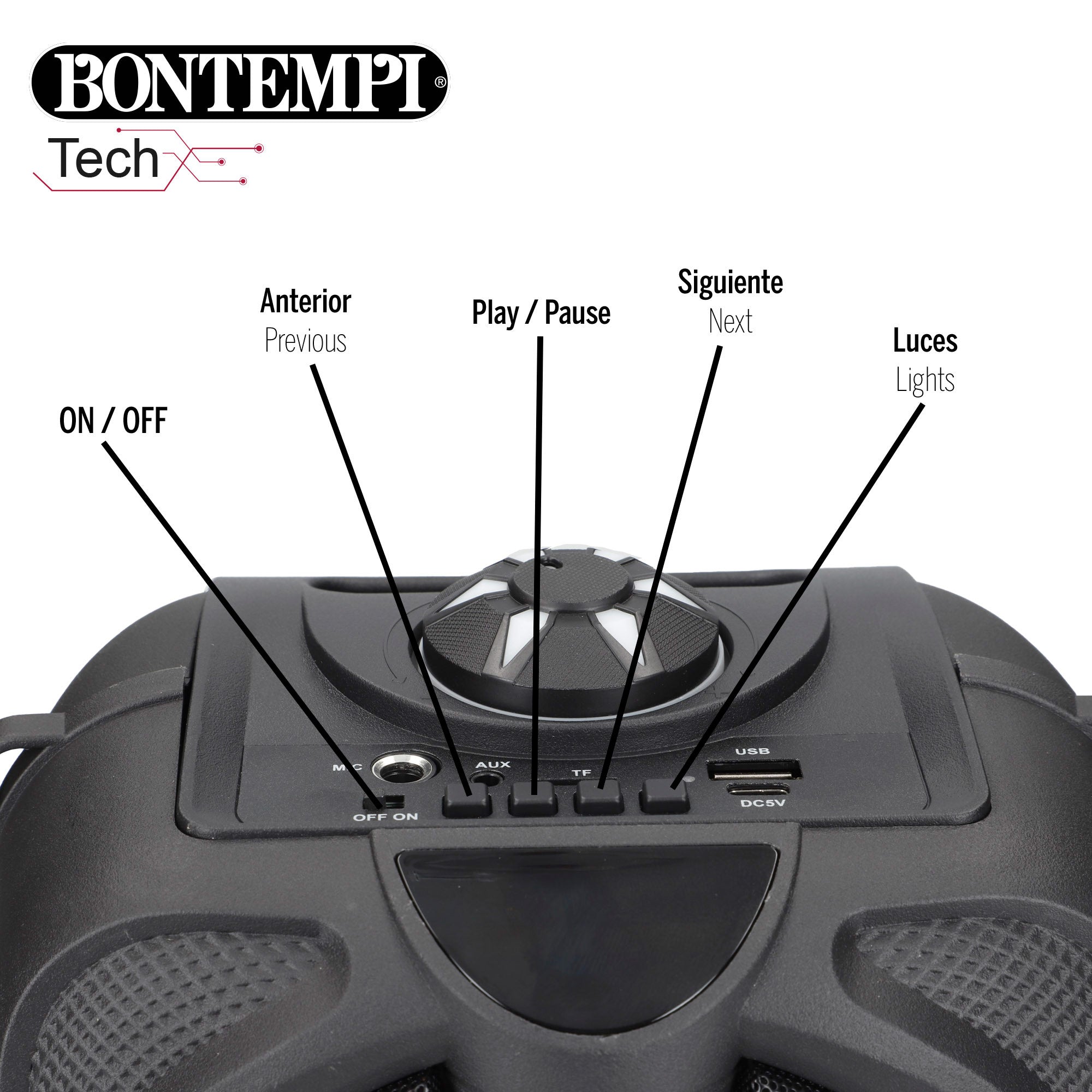 Coluna de som sem fios Bontempi com microfone e luzes 19x15x16 cm