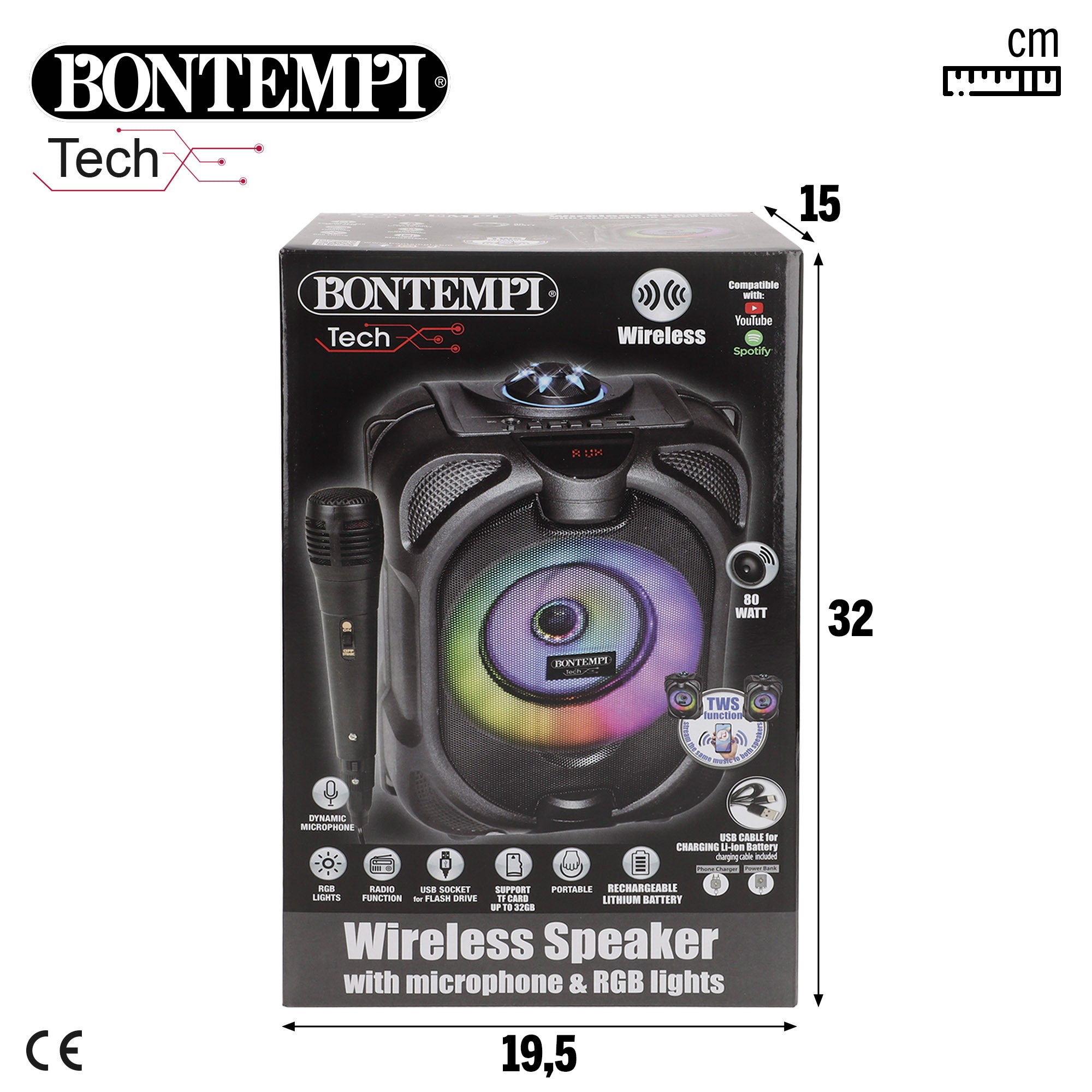 Coluna de som sem fios Bontempi com microfone e luzes 19x15x16 cm