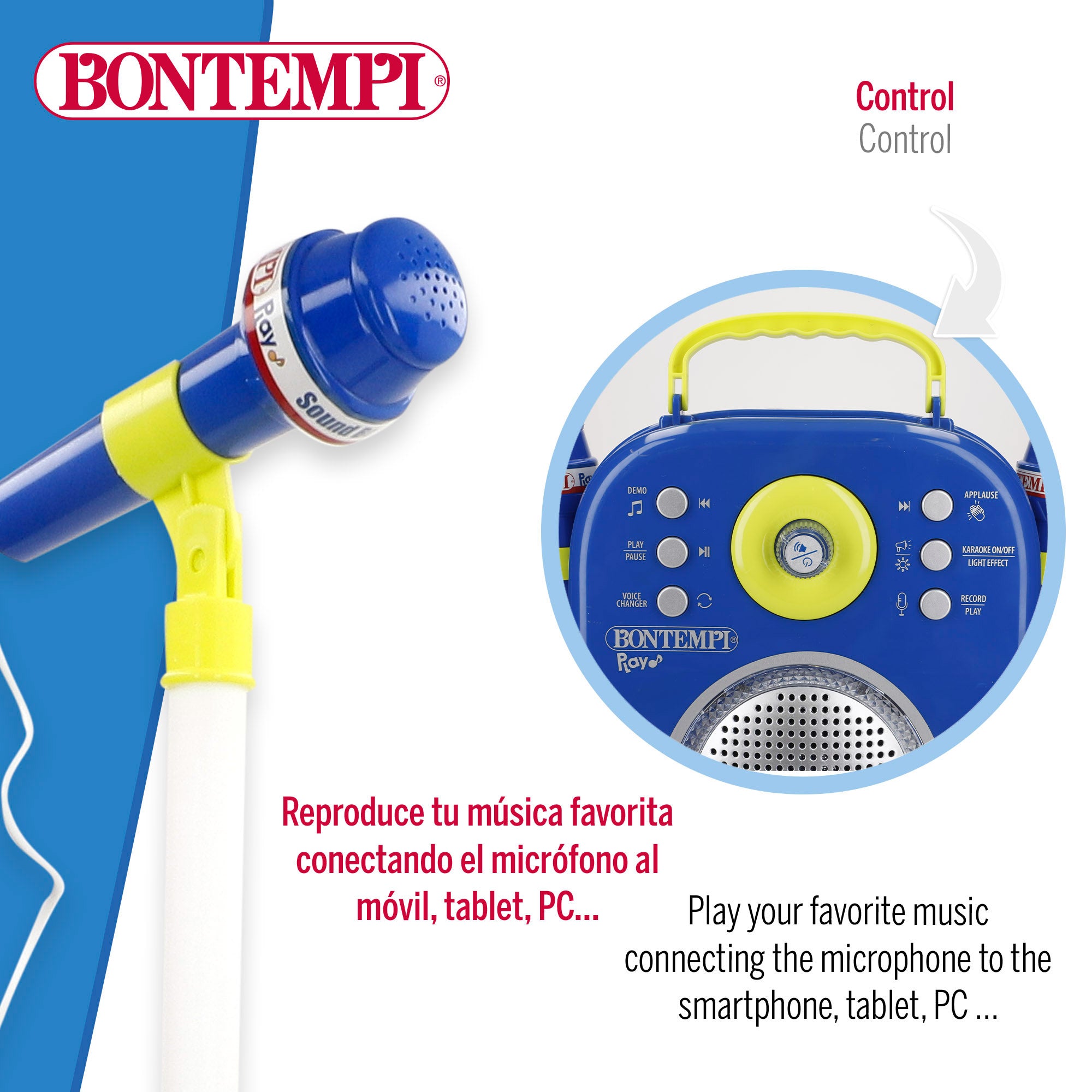 Coluna de som Bontempi para karaoke infantil com 2 microfones.