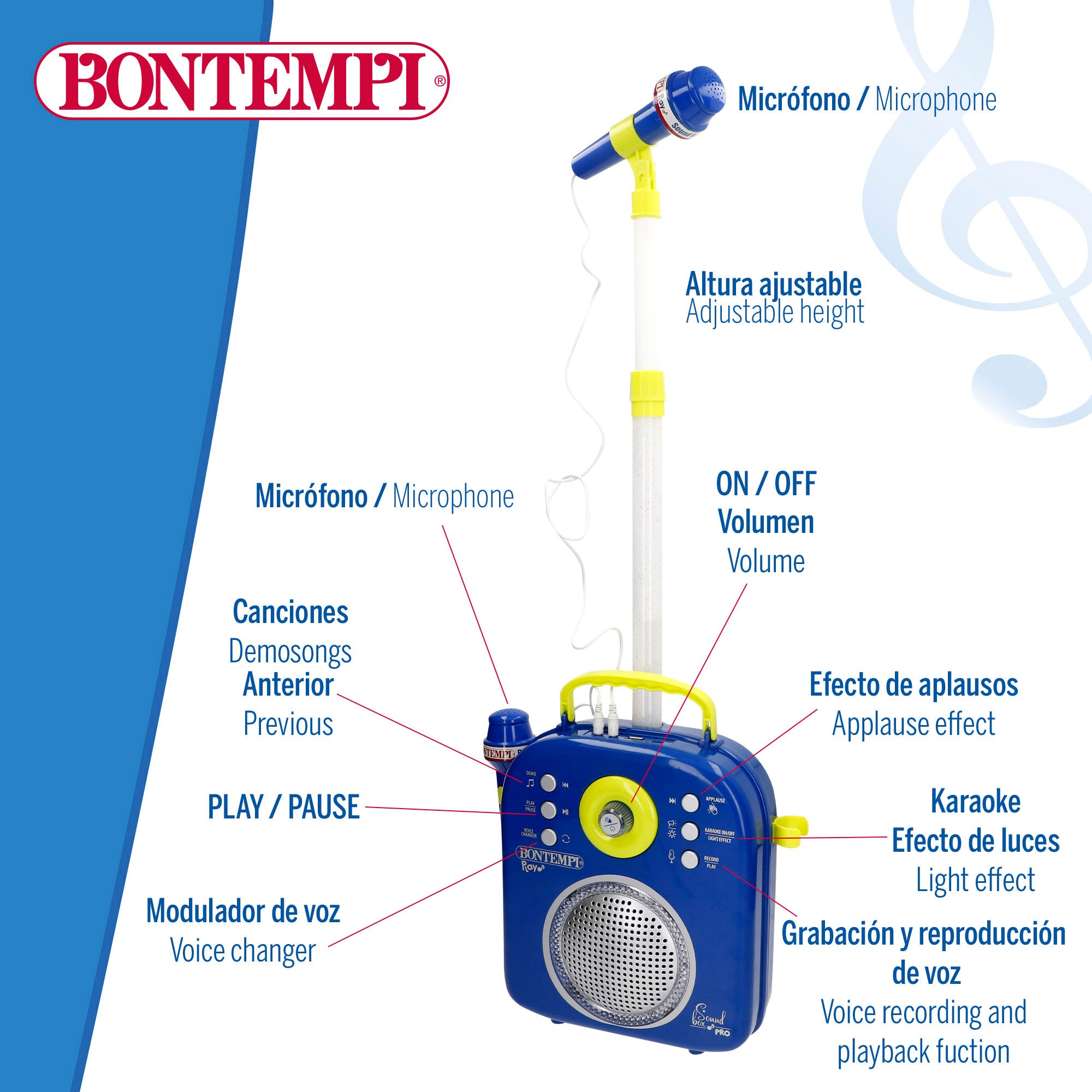 Coluna de som Bontempi para karaoke infantil com 2 microfones.