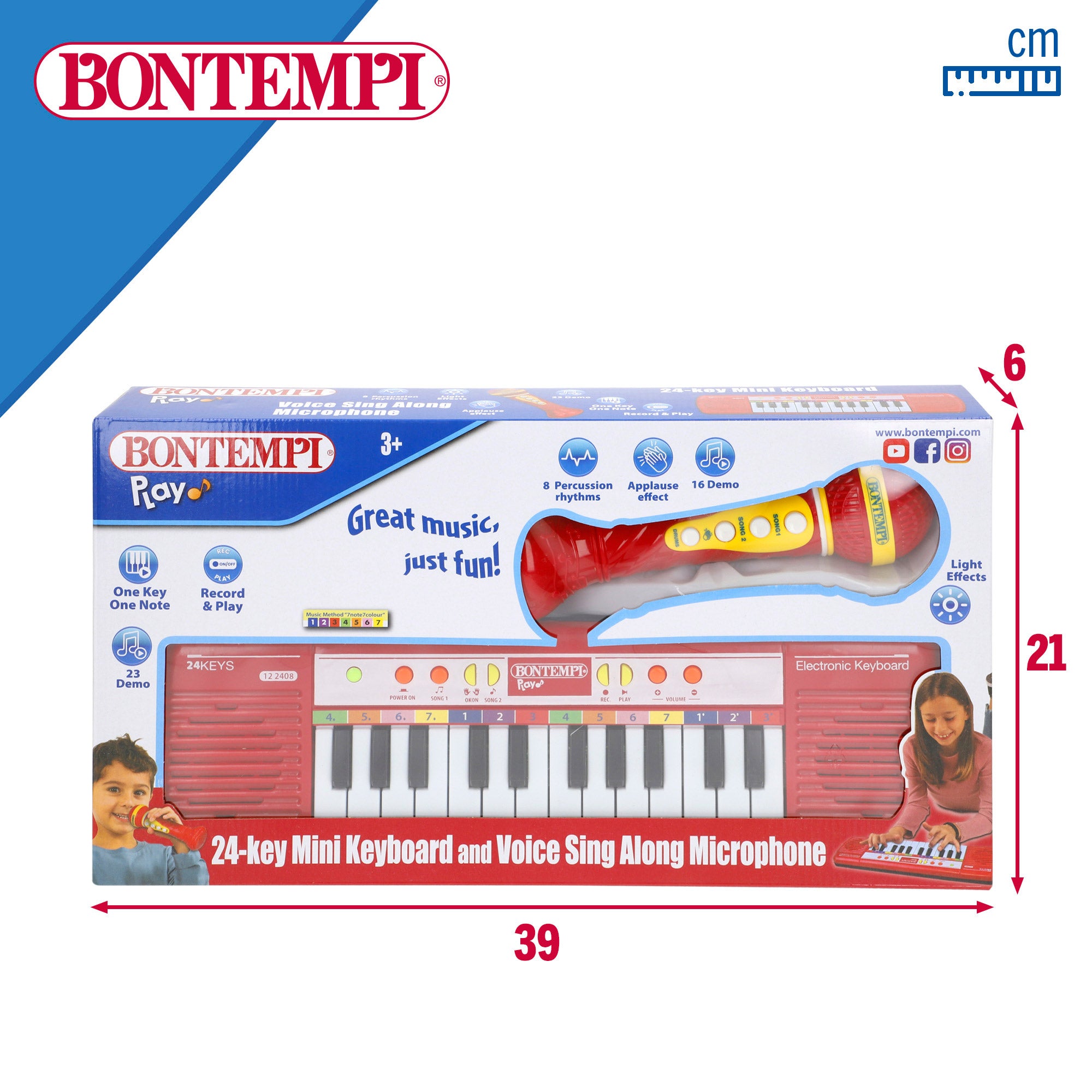 Teclado eletrónico de brinquedo Bontempi com 24 teclas e microfone sem fios.