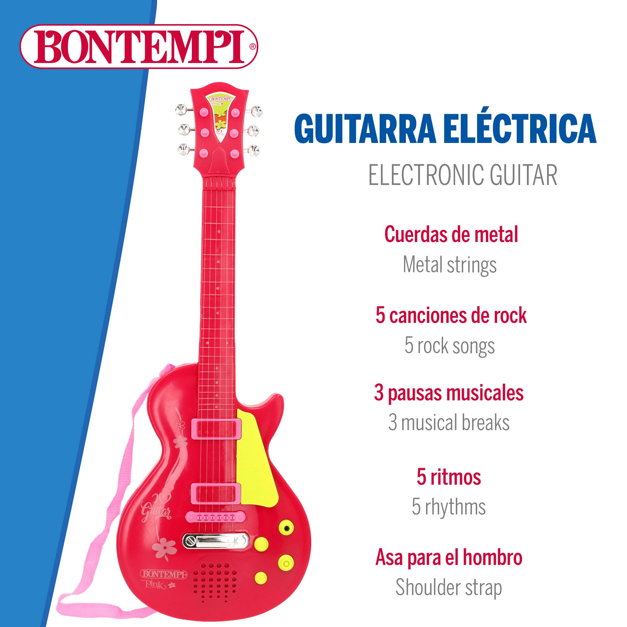 Guitarra elétrica de brinquedo Bontempi, vermelha e rosa, 56 cm