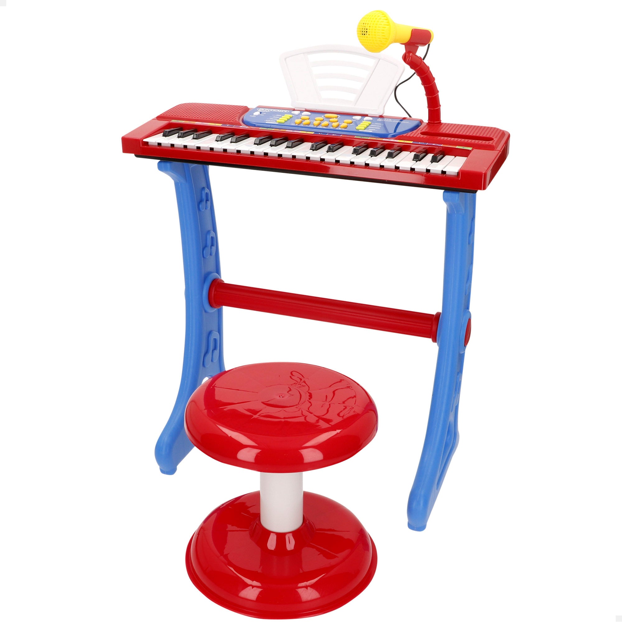 Piano infantil Bontempi com microfone e banquinho.