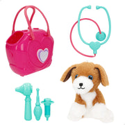 Cão de peluche com bolsa e acessórios, da linha Go Go Friends Veterinário.