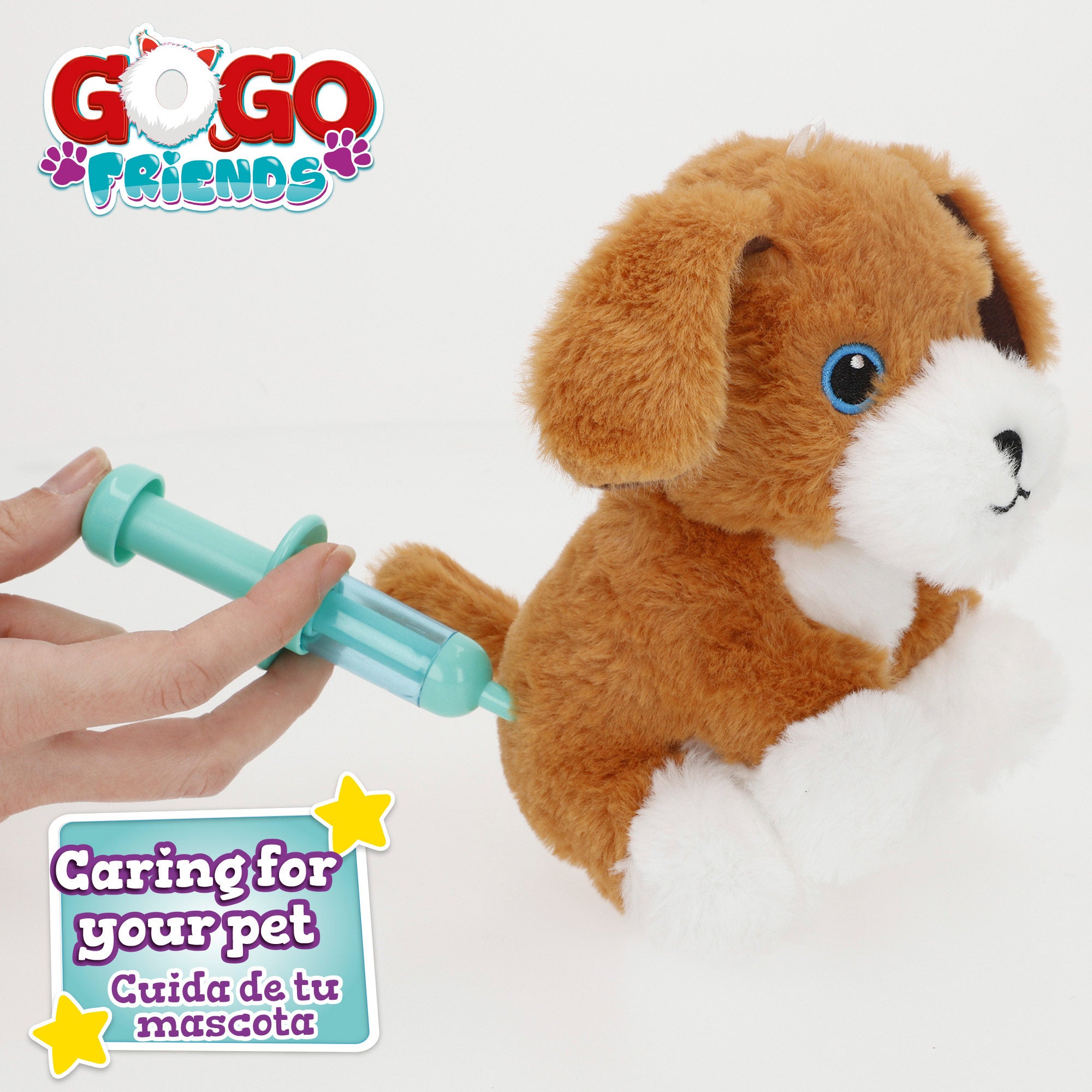 Cão de peluche com bolsa e acessórios, da linha Go Go Friends Veterinário.