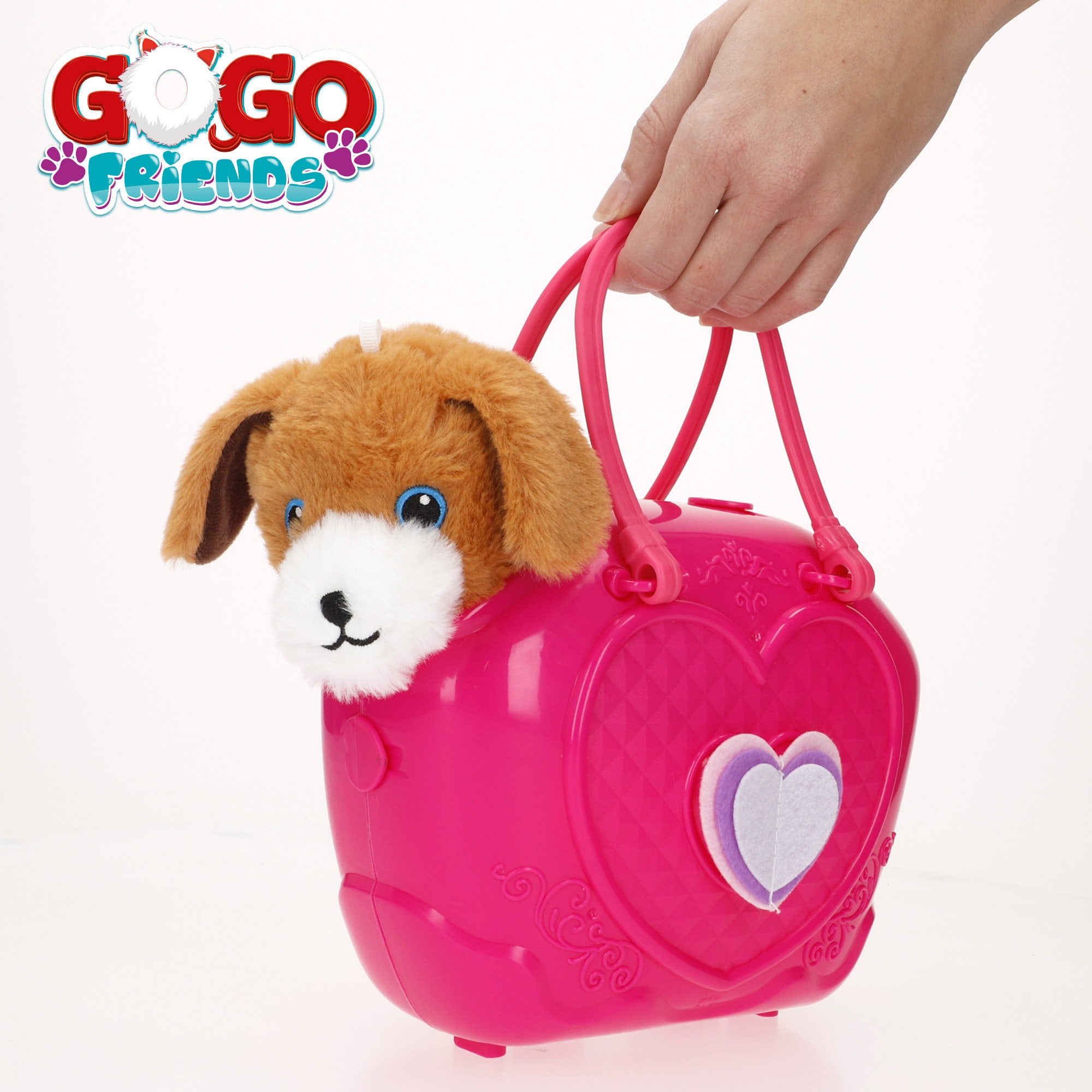 Cão de peluche com bolsa e acessórios, da linha Go Go Friends Veterinário.