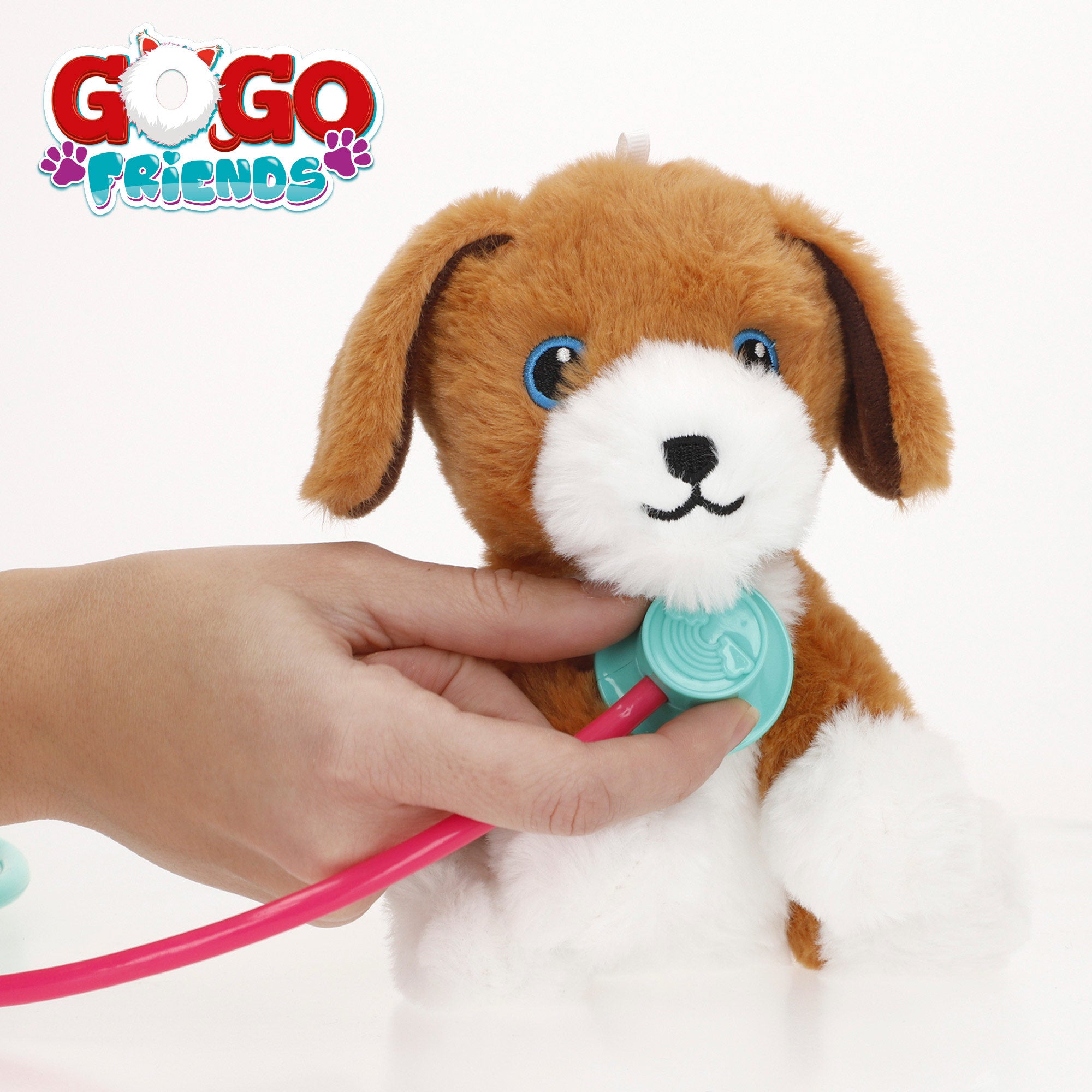 Cão de peluche com bolsa e acessórios, da linha Go Go Friends Veterinário.