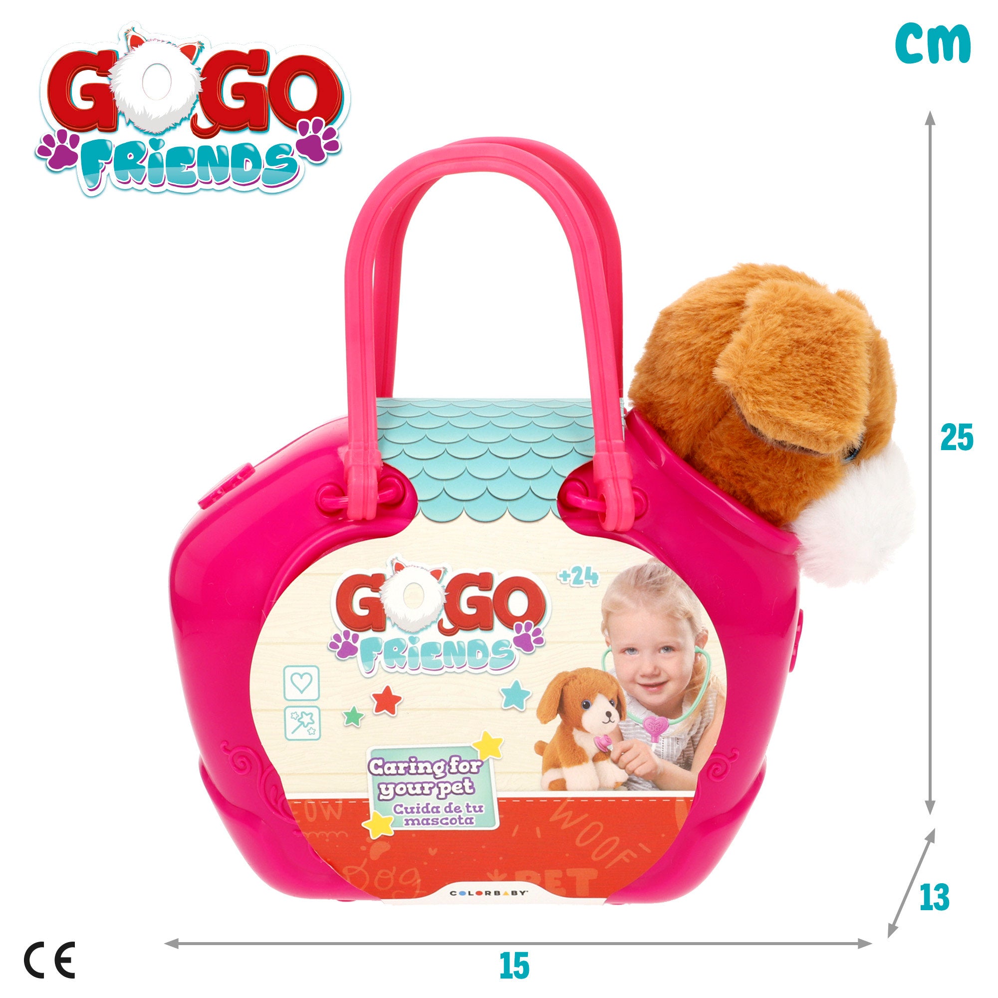 Cão de peluche com bolsa e acessórios, da linha Go Go Friends Veterinário.