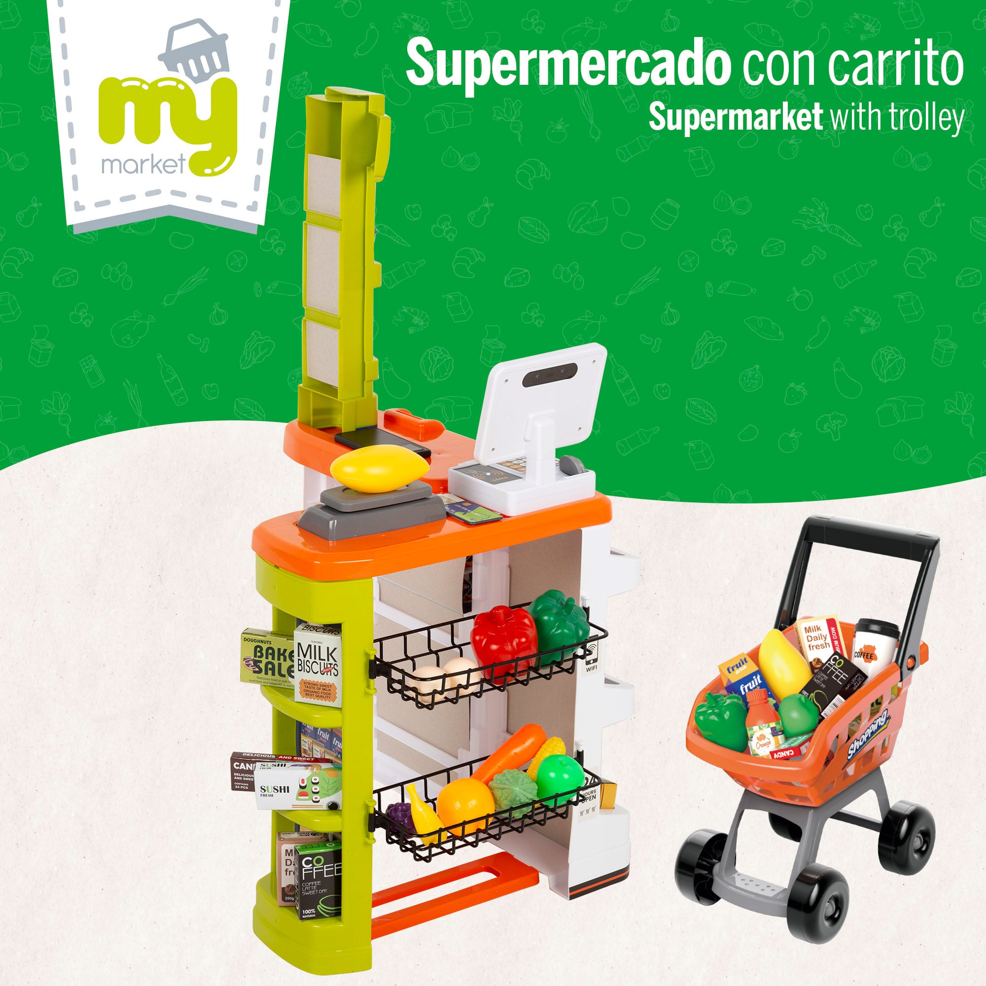 Supermercado de brinquedos My Home com carrinho de compras, luzes e sons.