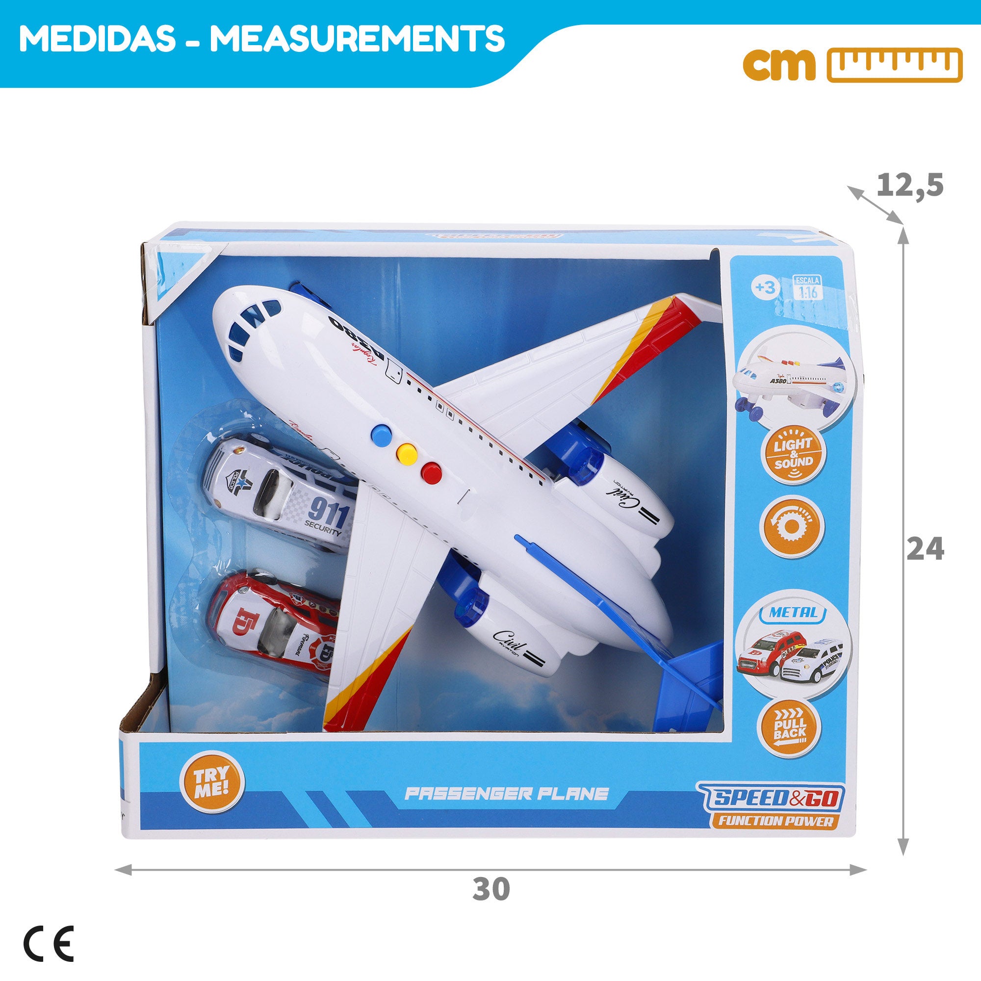 Conjunto de avião de brinquedo com luz e som + carros de metal Speed&amp; Go