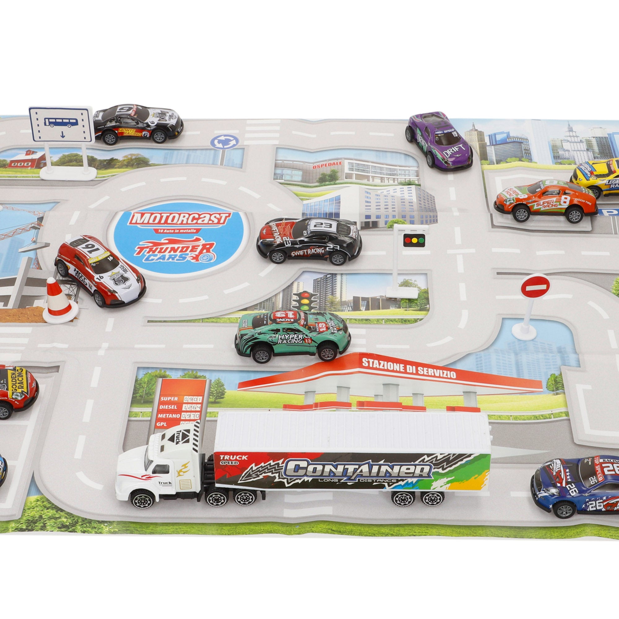 Circuito urbano Speed ​​​​&amp; Go com veículos de fricção à escala 1:87 e sinais de trânsito.