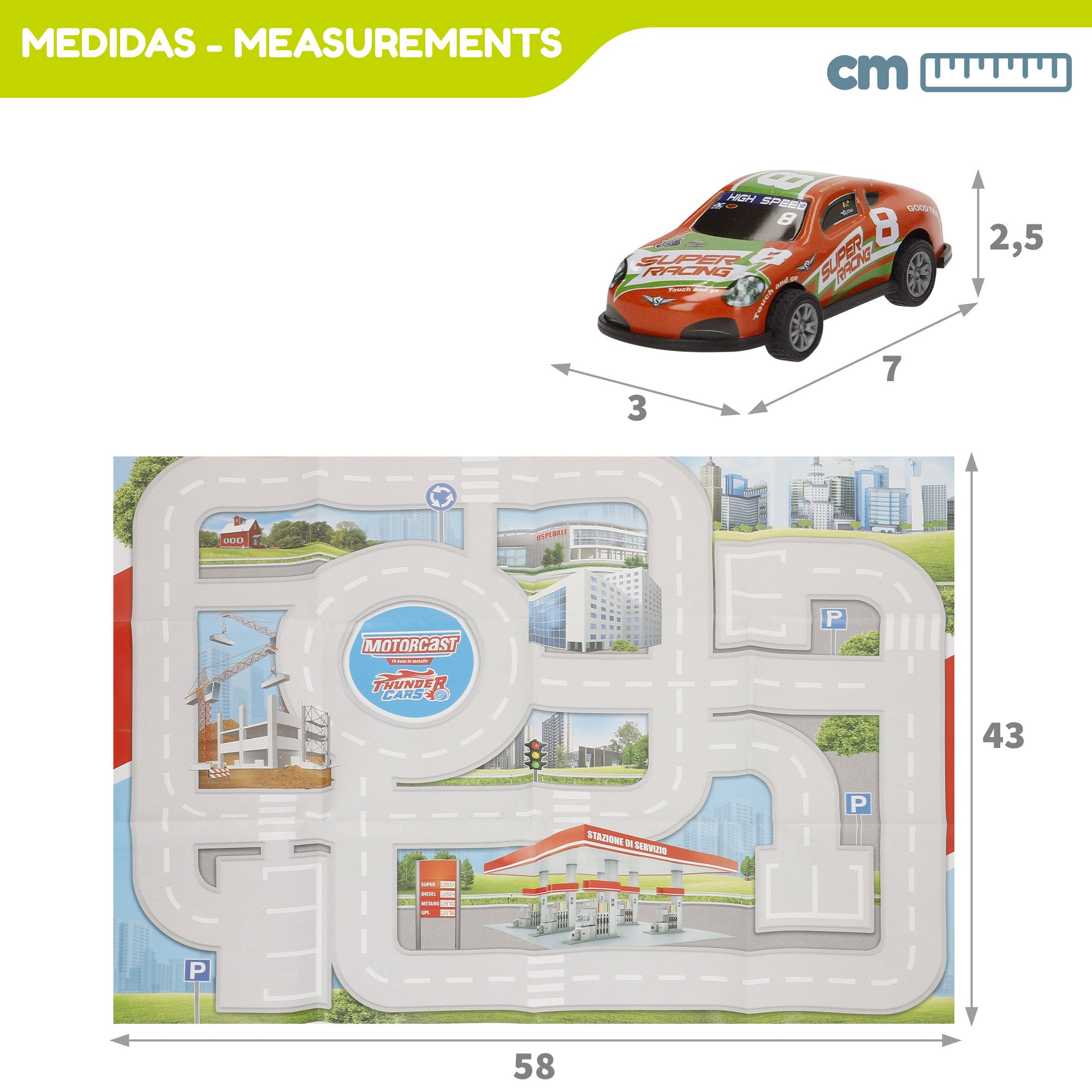 Circuito urbano Speed ​​​​&amp; Go com veículos de fricção à escala 1:87 e sinais de trânsito.
