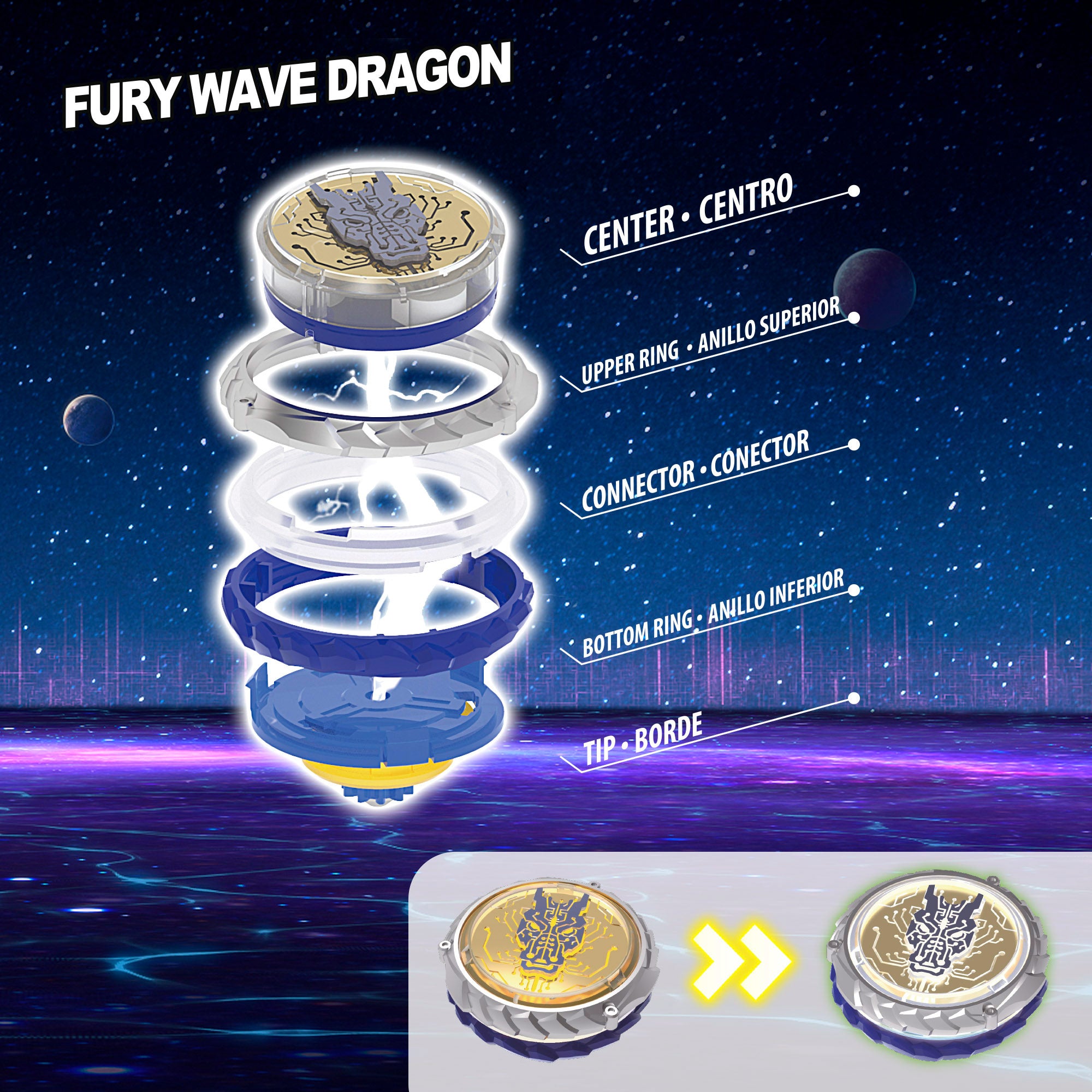 Conjunto Infinity Nado: óculos de hiperdimensão, espada e pião Dragão de Água.