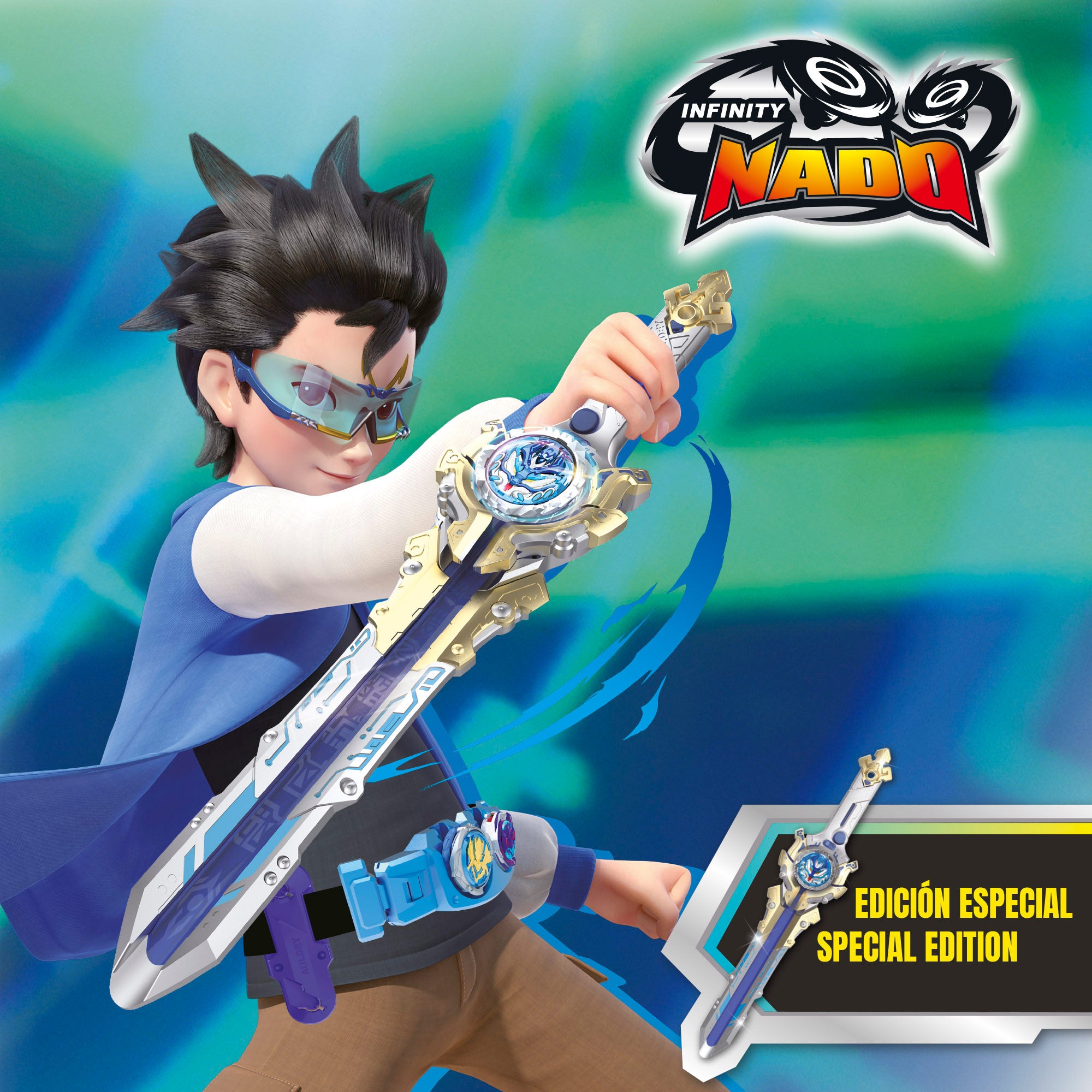 Conjunto Infinity Nado: Cinto Mestre, Espada e Pião Dragão de Água 3D