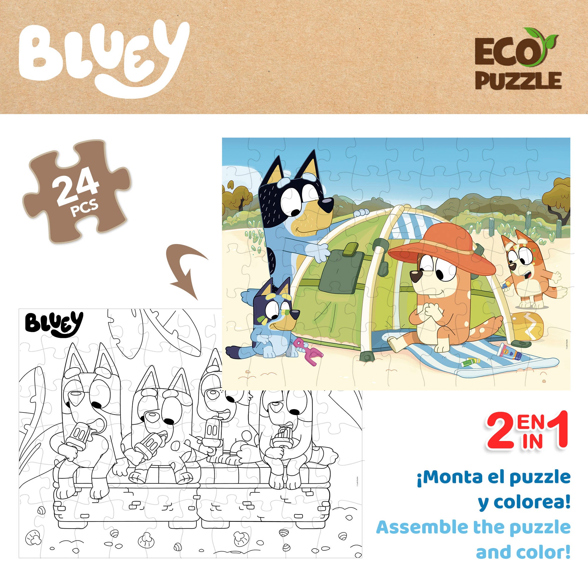 Puzzle para colorir dupla face Bluey ECO, 24 peças, tamanho XL