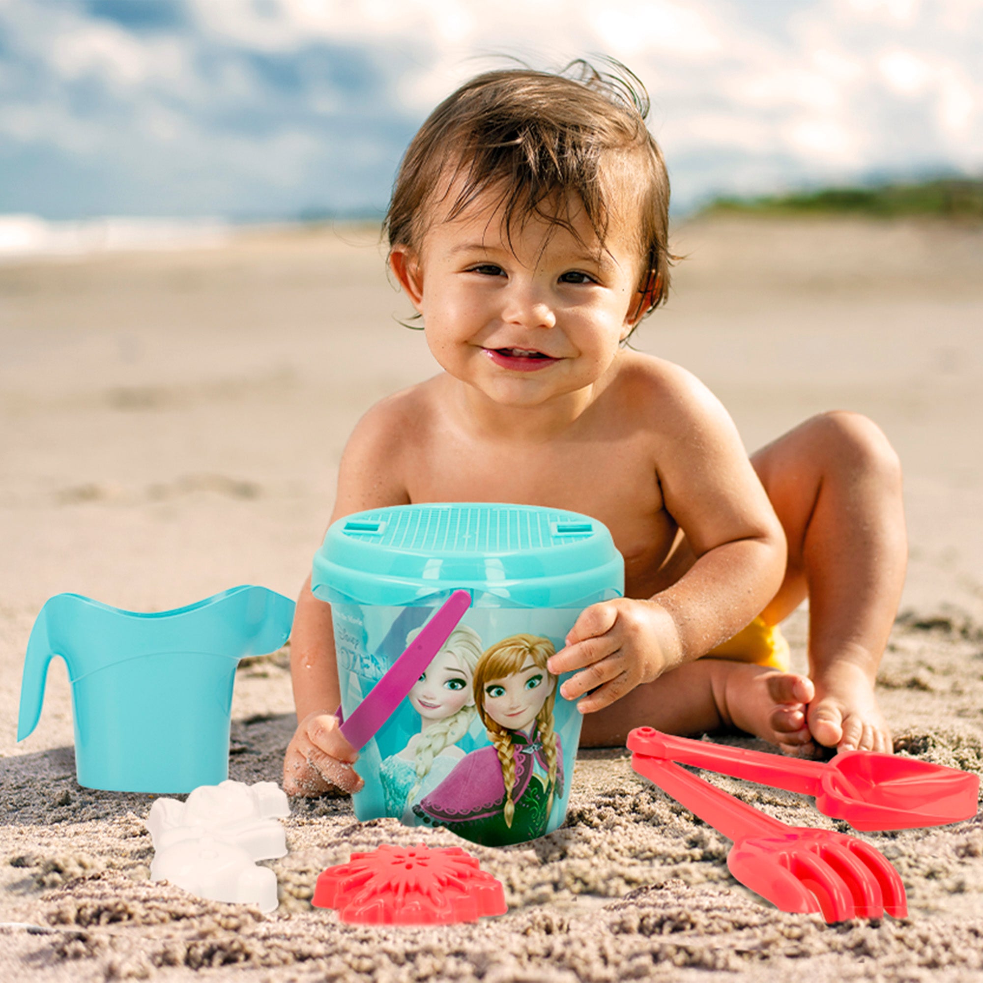 Conjunto de balde Frozen Beach com acessórios e mochila para transporte