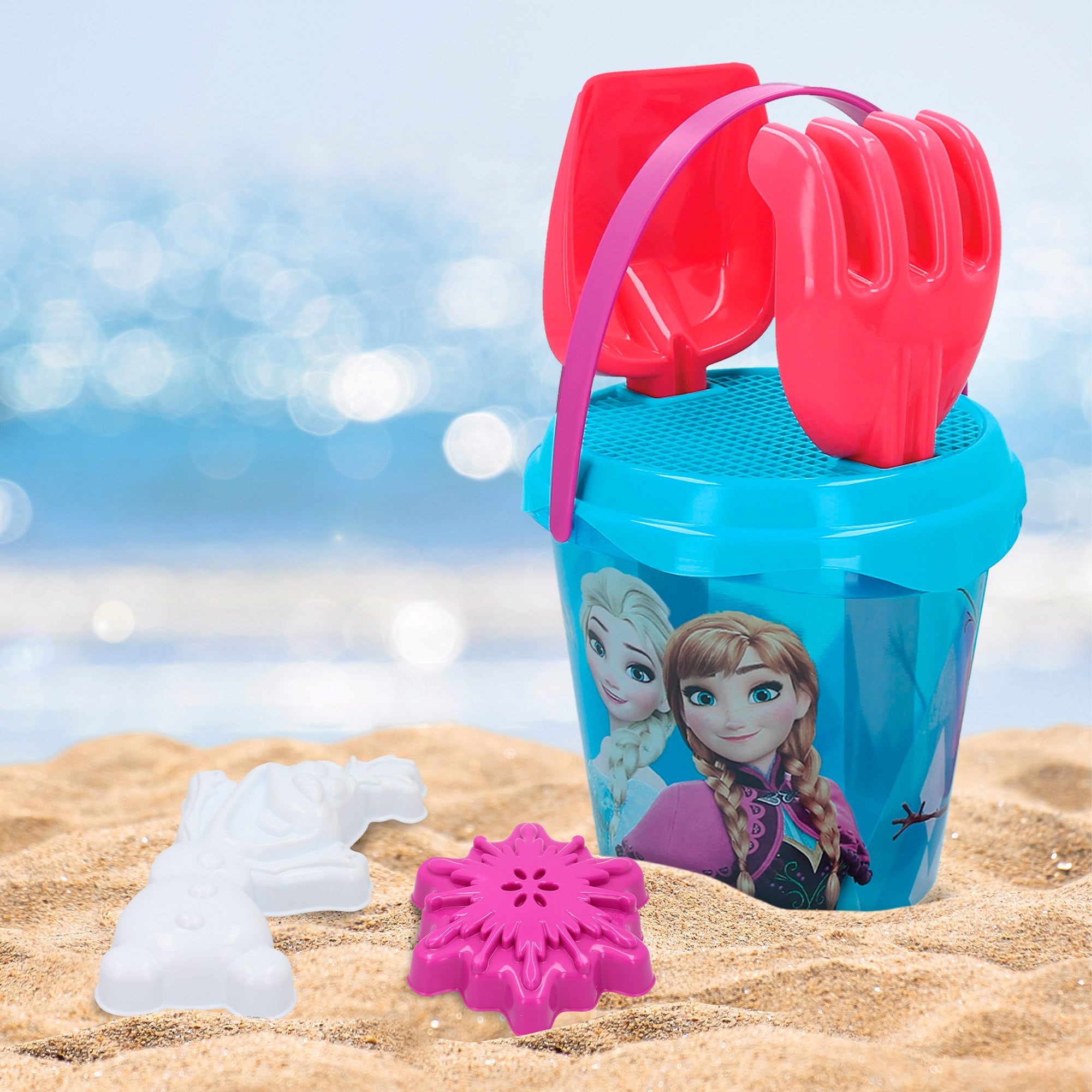 Conjunto de balde Frozen Beach com acessórios e mochila para transporte