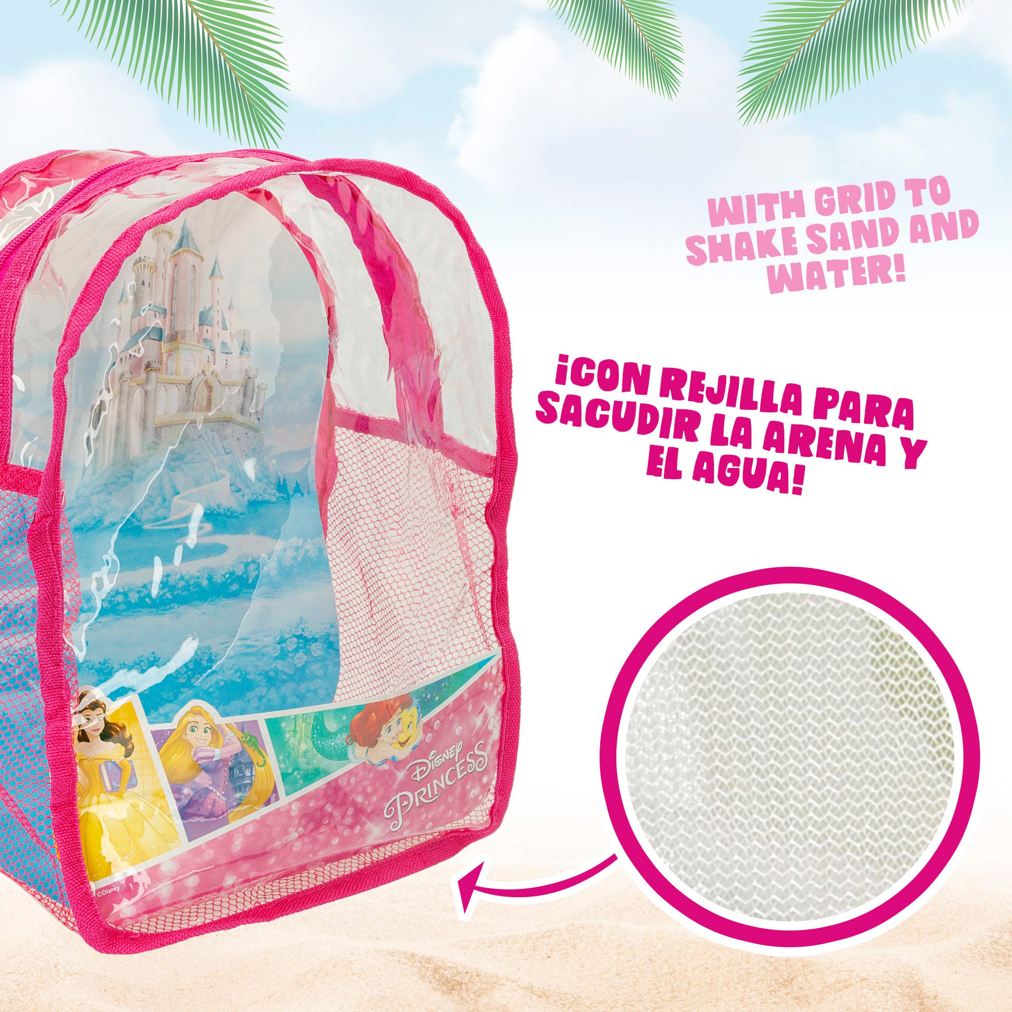 Conjunto de praia Disney Princess com acessórios e mochila para transporte