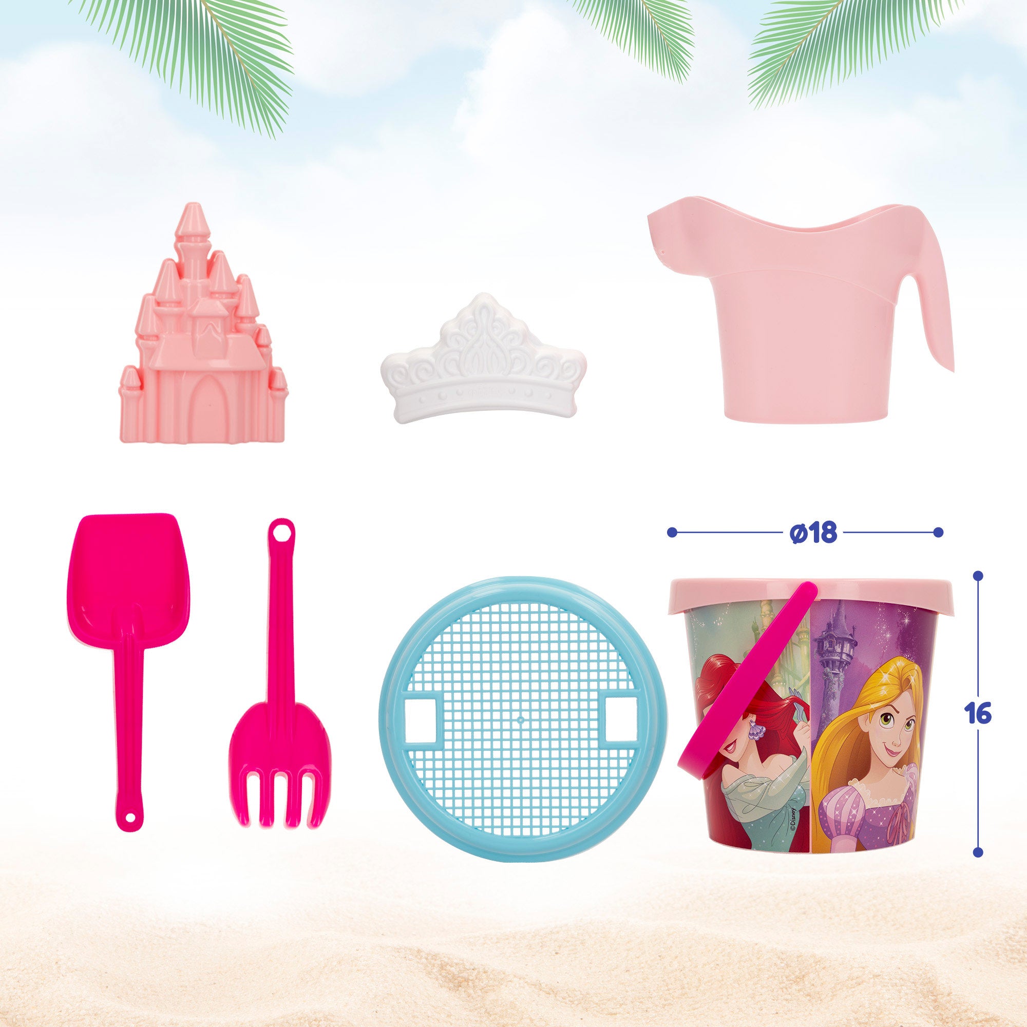 Conjunto de praia Disney Princess com acessórios e mochila para transporte