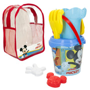 Conjunto de praia Mickey Mouse com balde, acessórios e mochila para transporte.