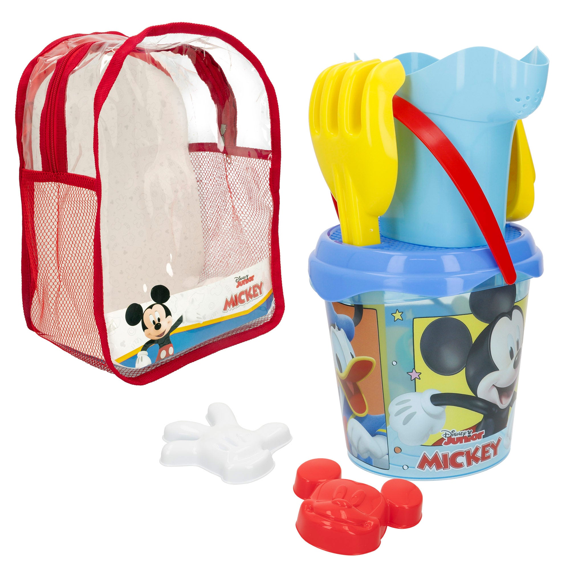 Conjunto de praia Mickey Mouse com balde, acessórios e mochila para transporte.