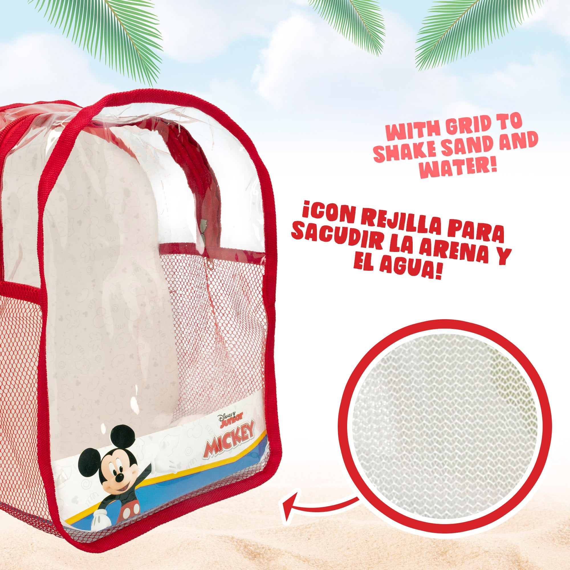Conjunto de praia Mickey Mouse com balde, acessórios e mochila para transporte.