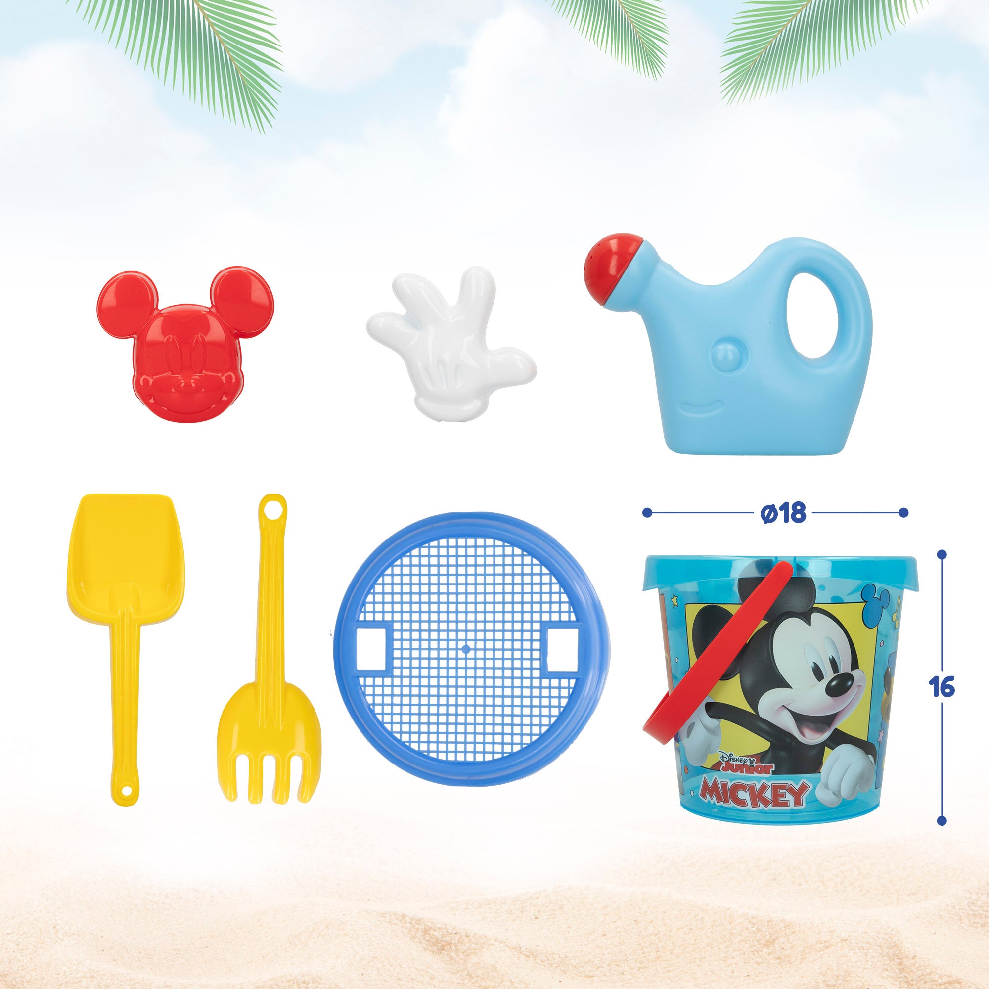 Conjunto de praia Mickey Mouse com balde, acessórios e mochila para transporte.