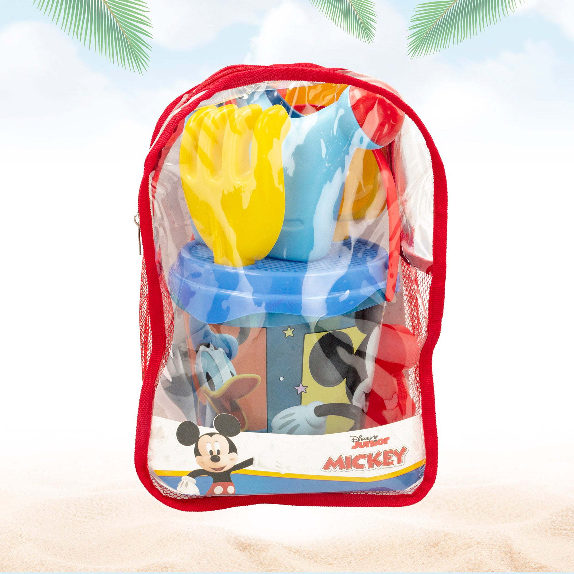 Conjunto de praia Mickey Mouse com balde, acessórios e mochila para transporte.