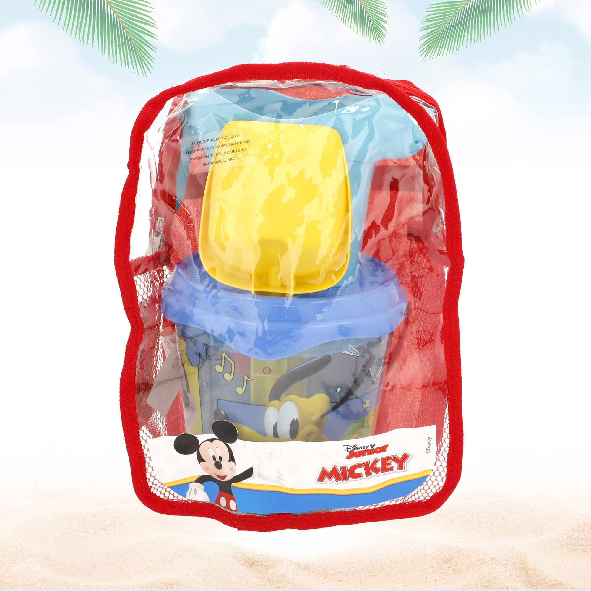 Conjunto de praia Mickey Mouse com balde, acessórios e mochila para transporte.