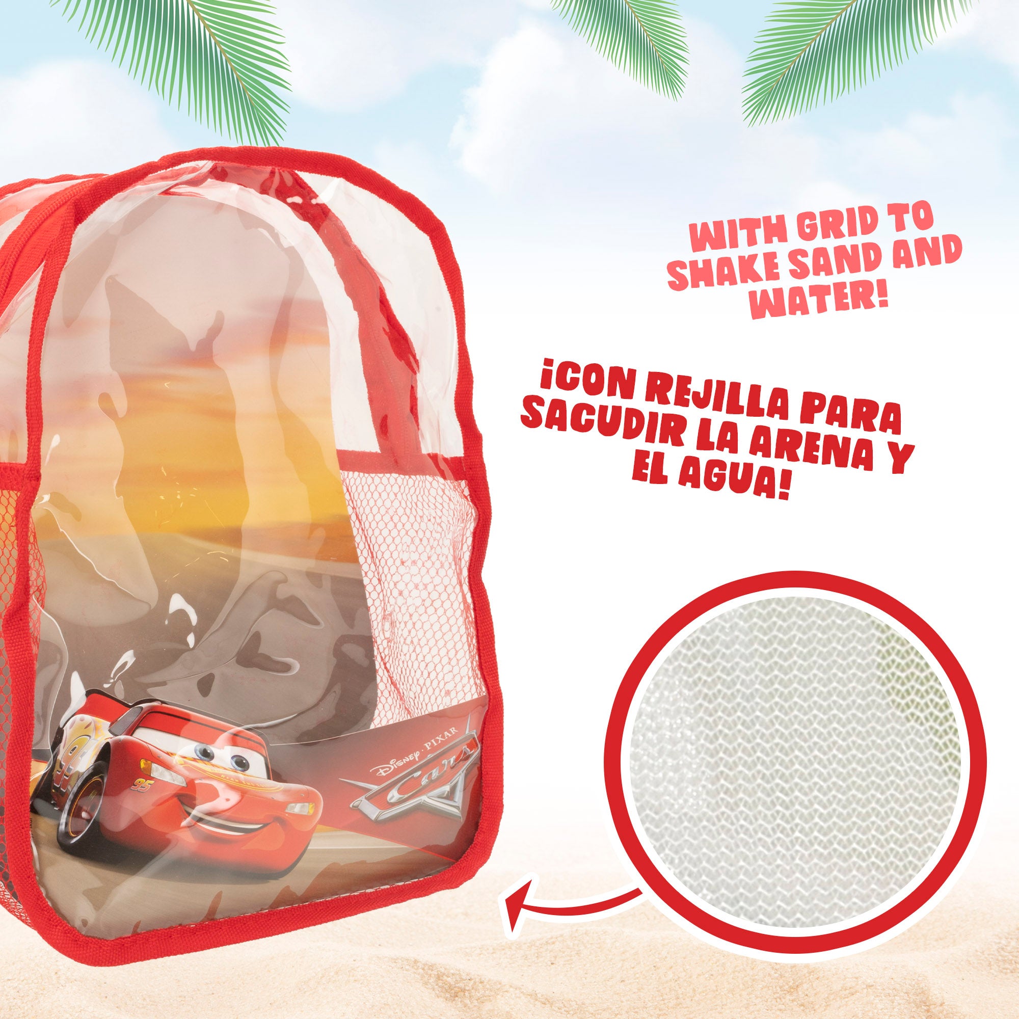 Conjunto de Balde de Praia Cars com Acessórios e Mochila para Transporte