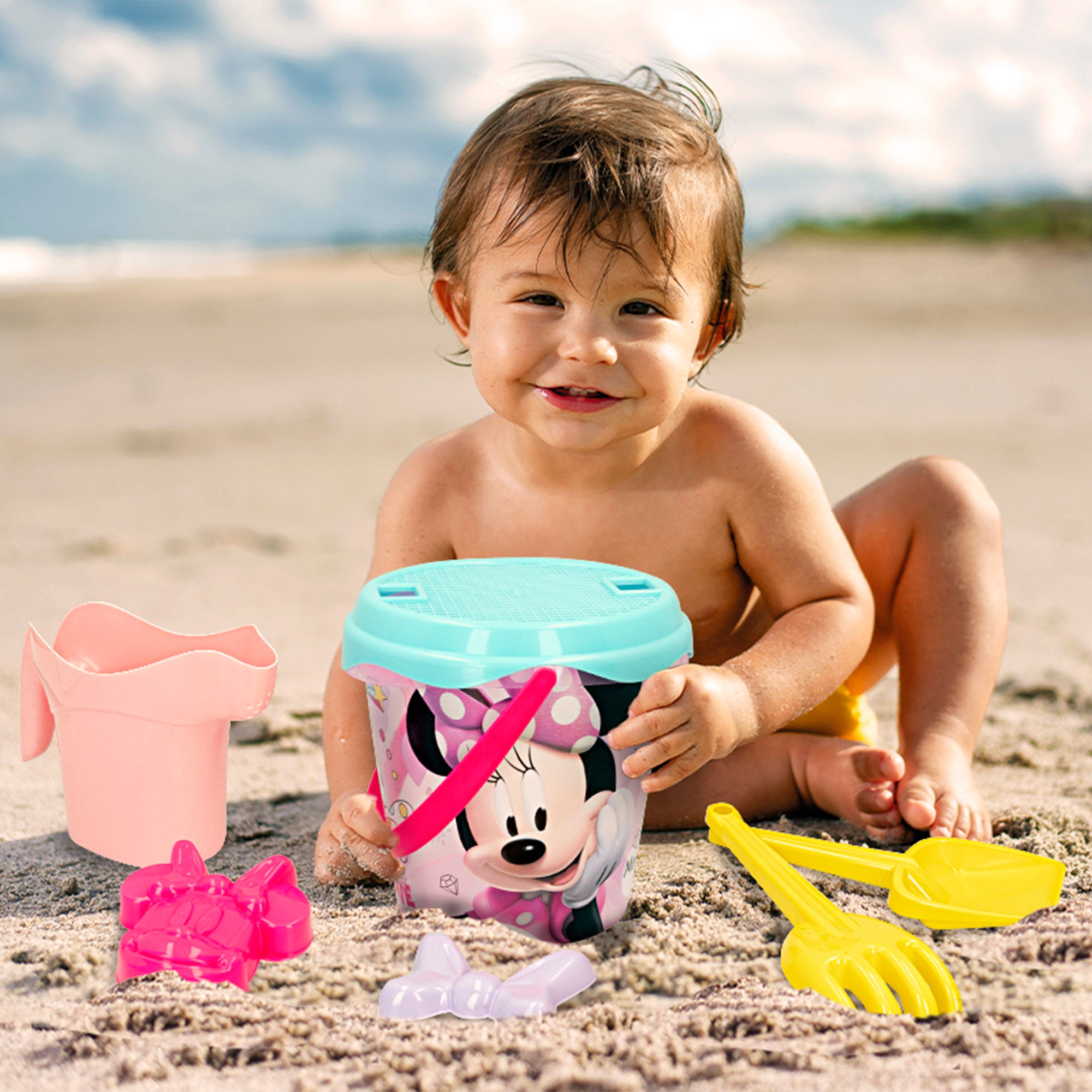 Conjunto de Baldes de Praia da Minnie Mouse com Acessórios e Mochila para Transporte