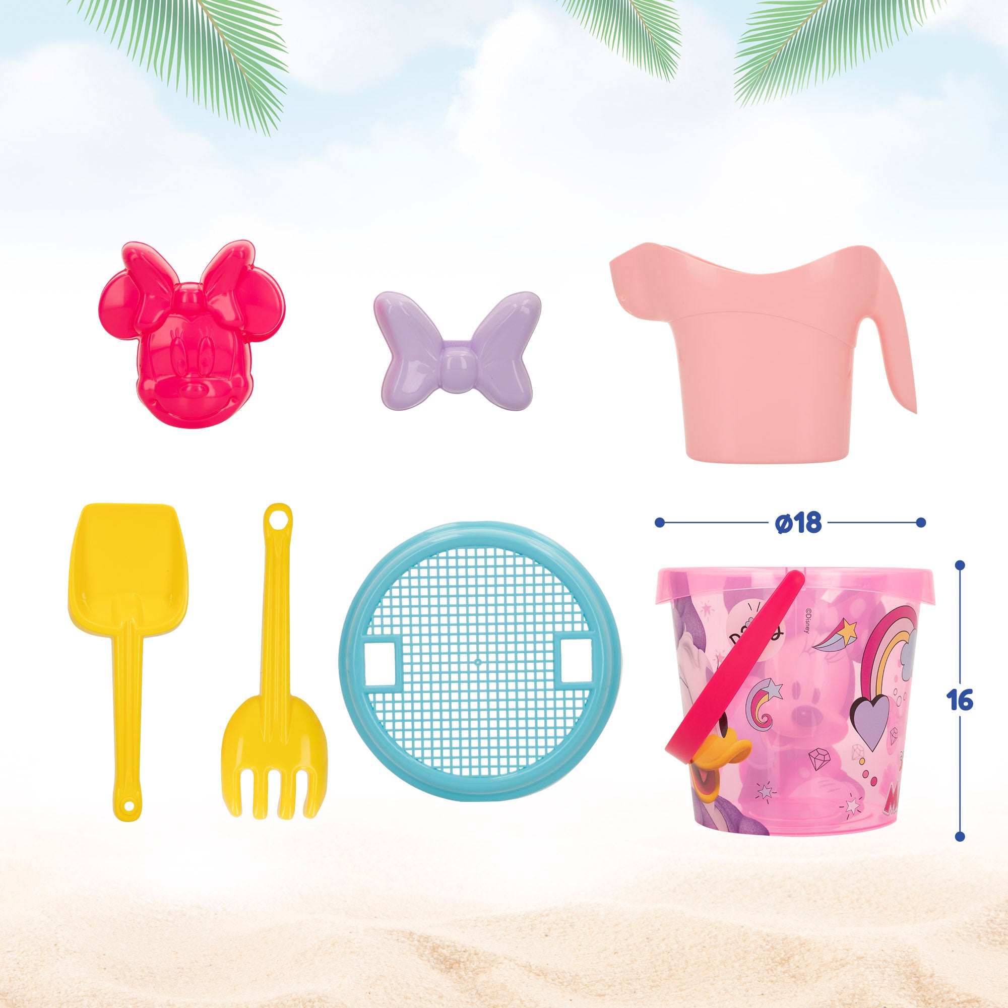 Conjunto de Baldes de Praia da Minnie Mouse com Acessórios e Mochila para Transporte