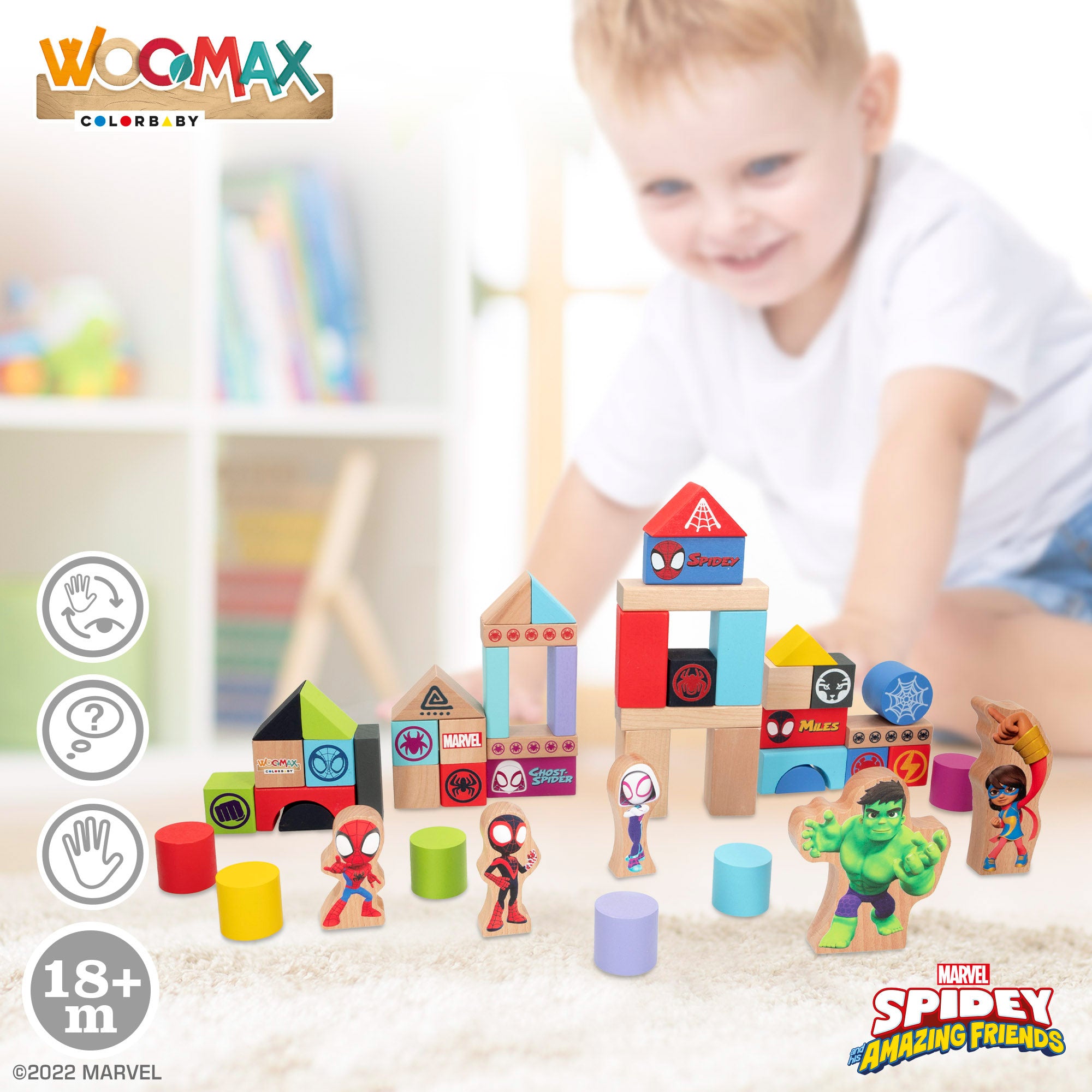 WOOMAX Jogo de Blocos de Madeira Homem-Aranha e a sua Super Equipa