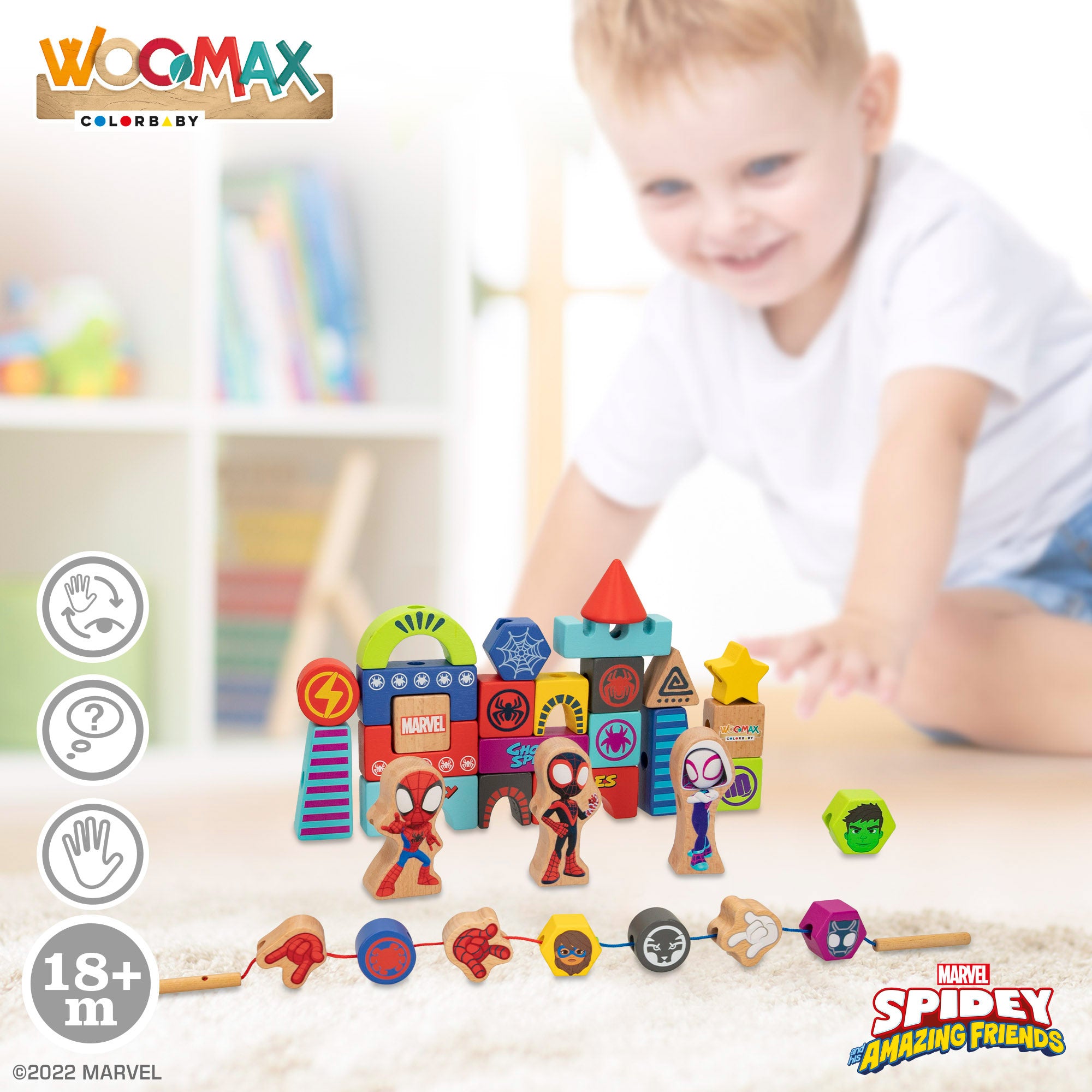 WOOMAX Jogo de Encaixe de Blocos e Formas de Madeira do Homem-Aranha e da sua Super Equipa