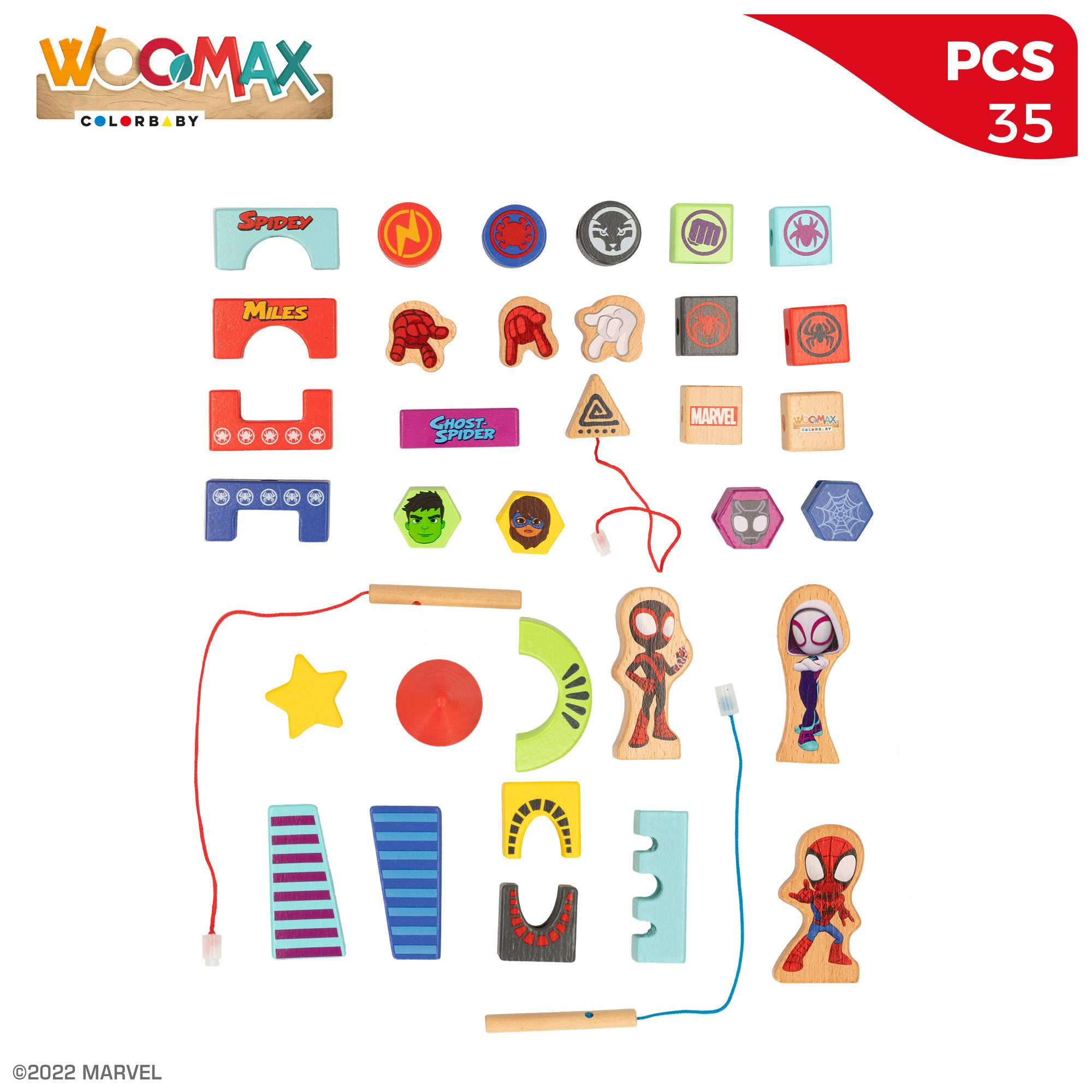 WOOMAX Jogo de Encaixe de Blocos e Formas de Madeira do Homem-Aranha e da sua Super Equipa