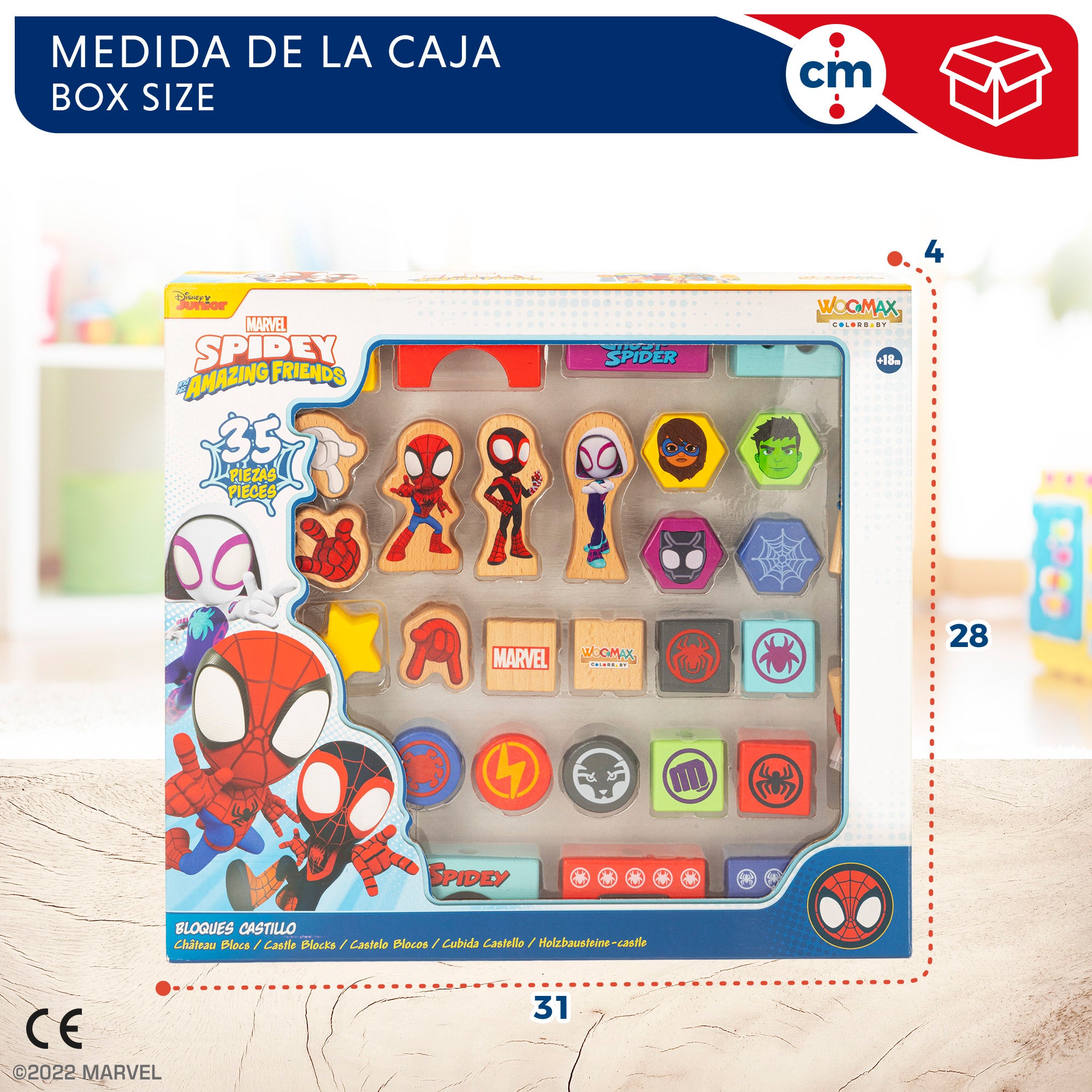 WOOMAX Jogo de Encaixe de Blocos e Formas de Madeira do Homem-Aranha e da sua Super Equipa