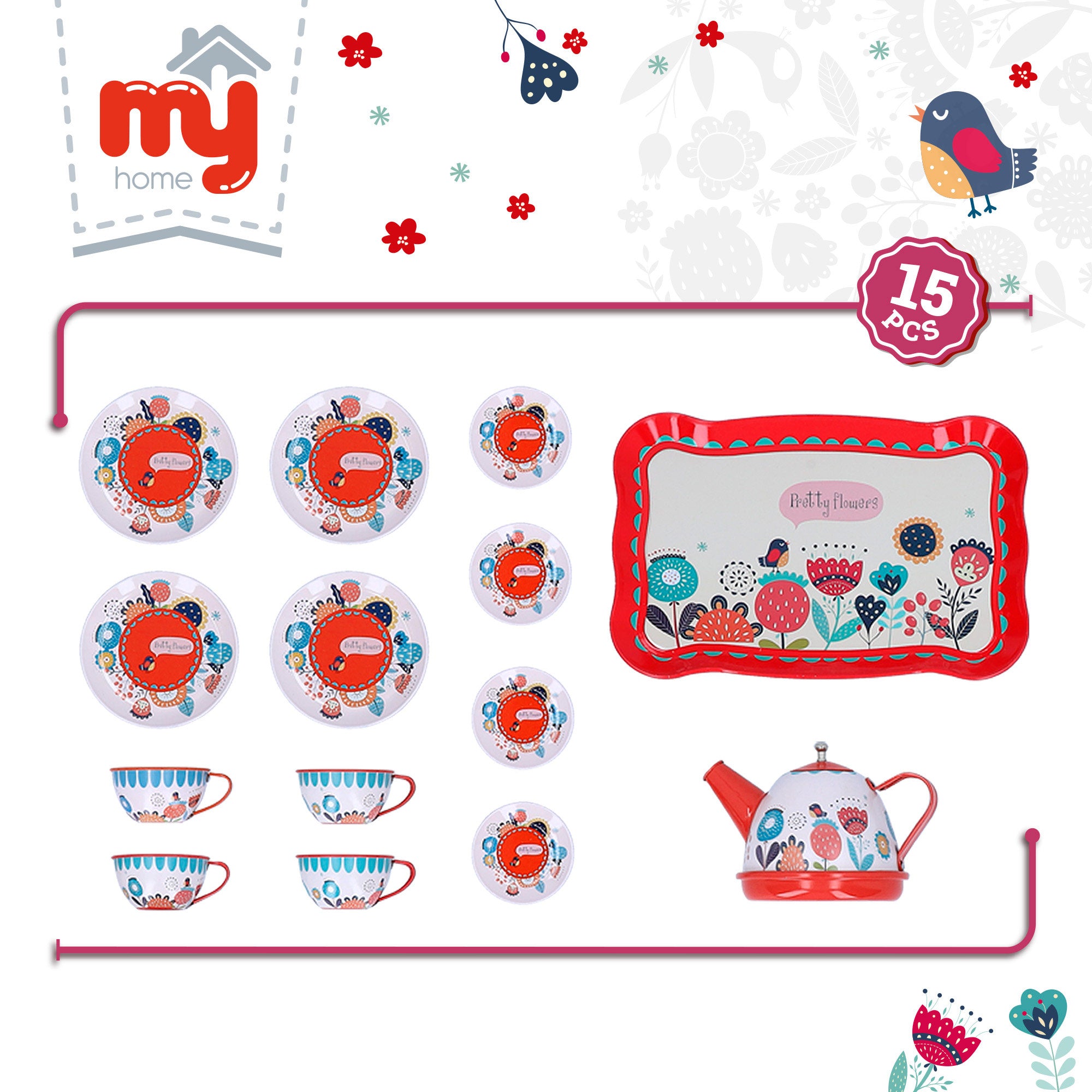 Serviço de chá infantil My Home de 15 peças em metal com utensílios de cozinha