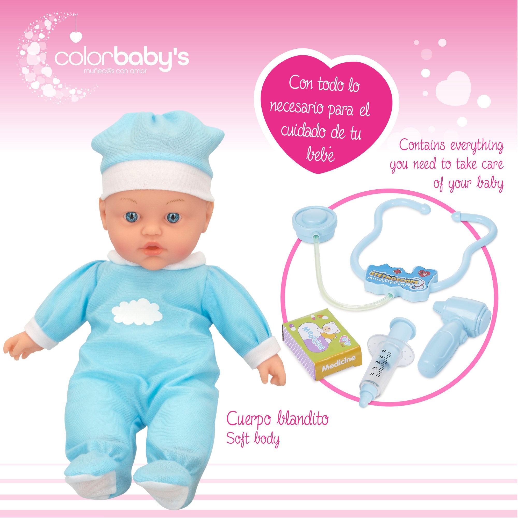 Boneca Colorbaby de 42 cm com sons e acessórios.