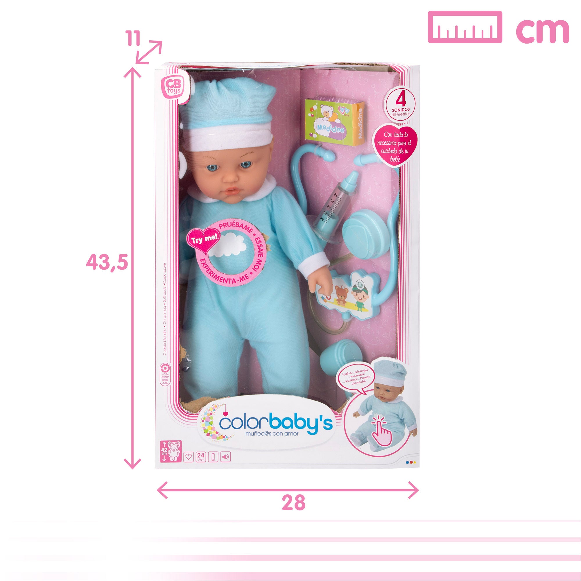 Boneca Colorbaby de 42 cm com sons e acessórios.