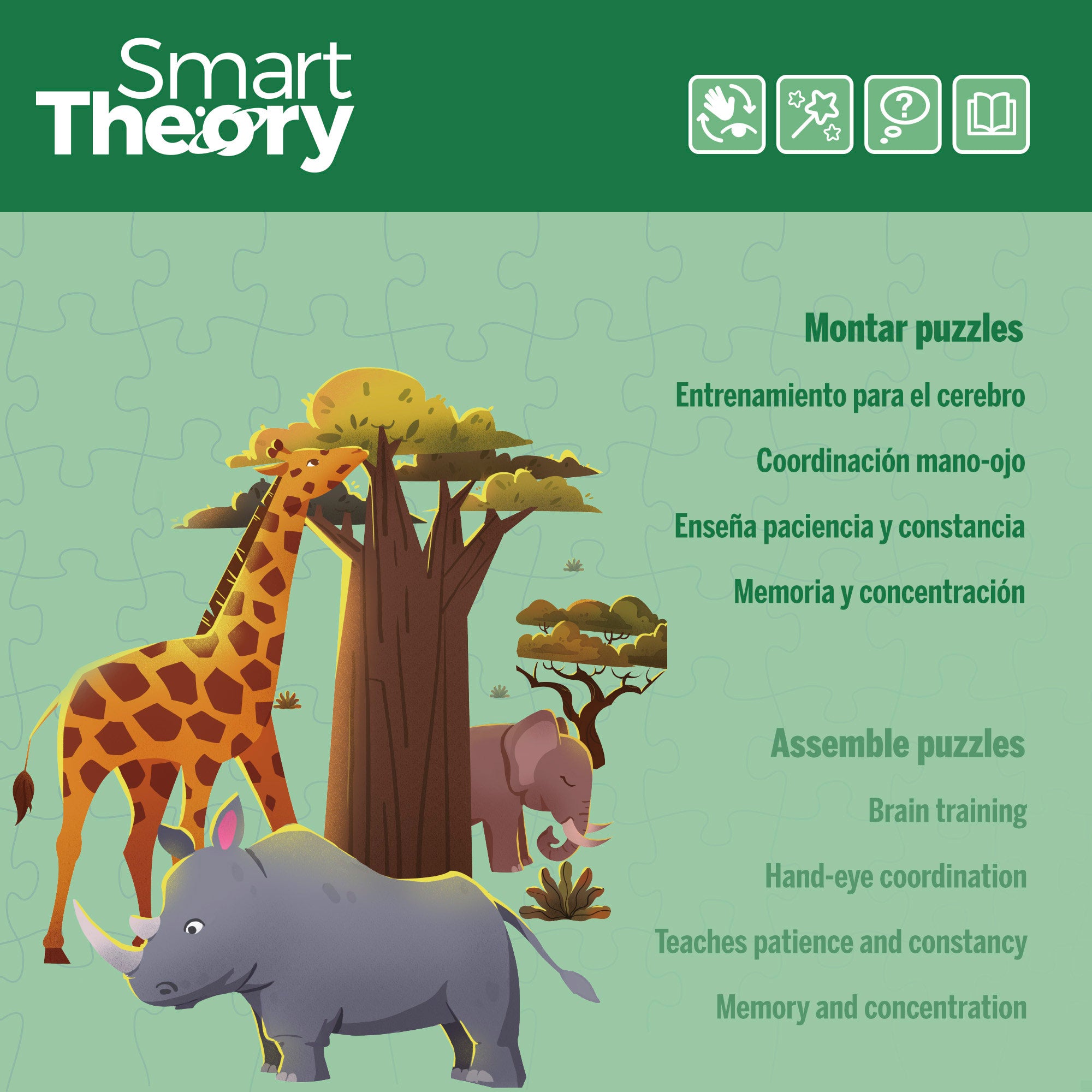 Puzzle de animais selvagens, 60 peças grandes, Smart Theory